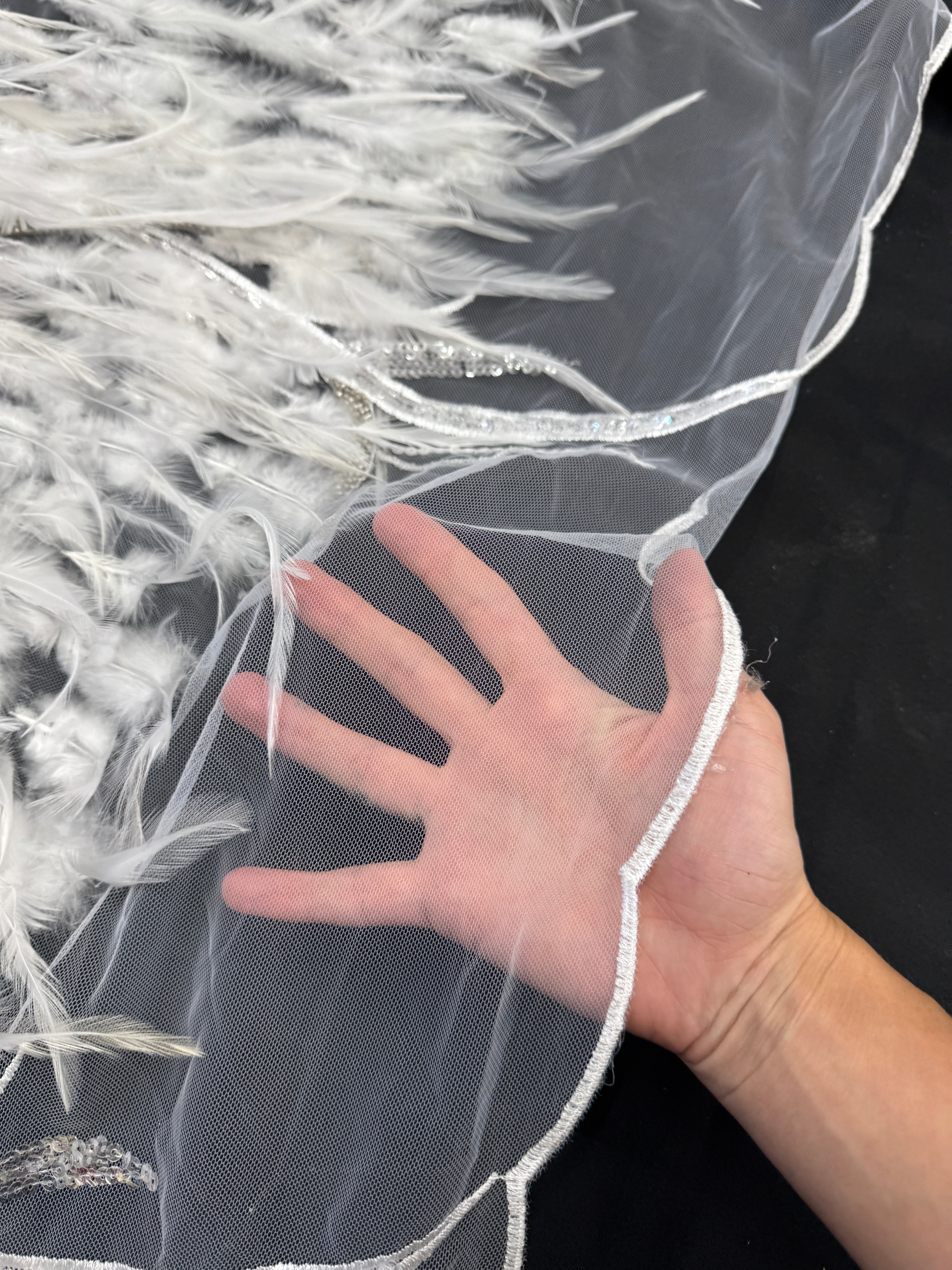 Off White Feather Sequin Embroidered Scalloped Lace, Fabric Store, Sewing Store, Cheap Fabric Store, Kiki Textiles, Textile by the Yard