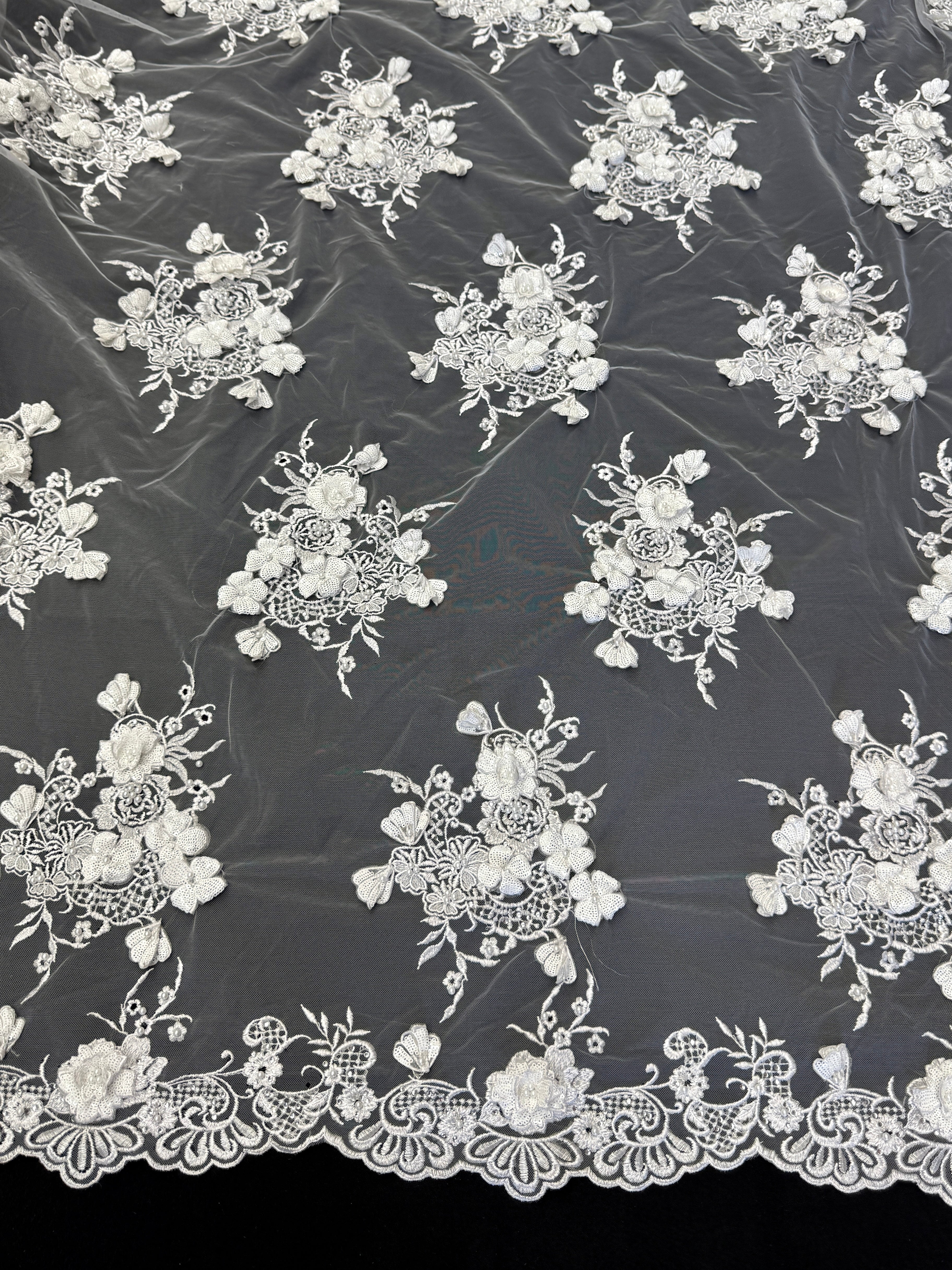 Off White Couture 3D Sequin Flower Pearl Embroidered Lace, Couture Lace Fabric, Floral Sequin Lace, Pearl Embroidered Lace, 3D Flower Lace, Embellished Lace Fabric, Luxury Lace Fabric