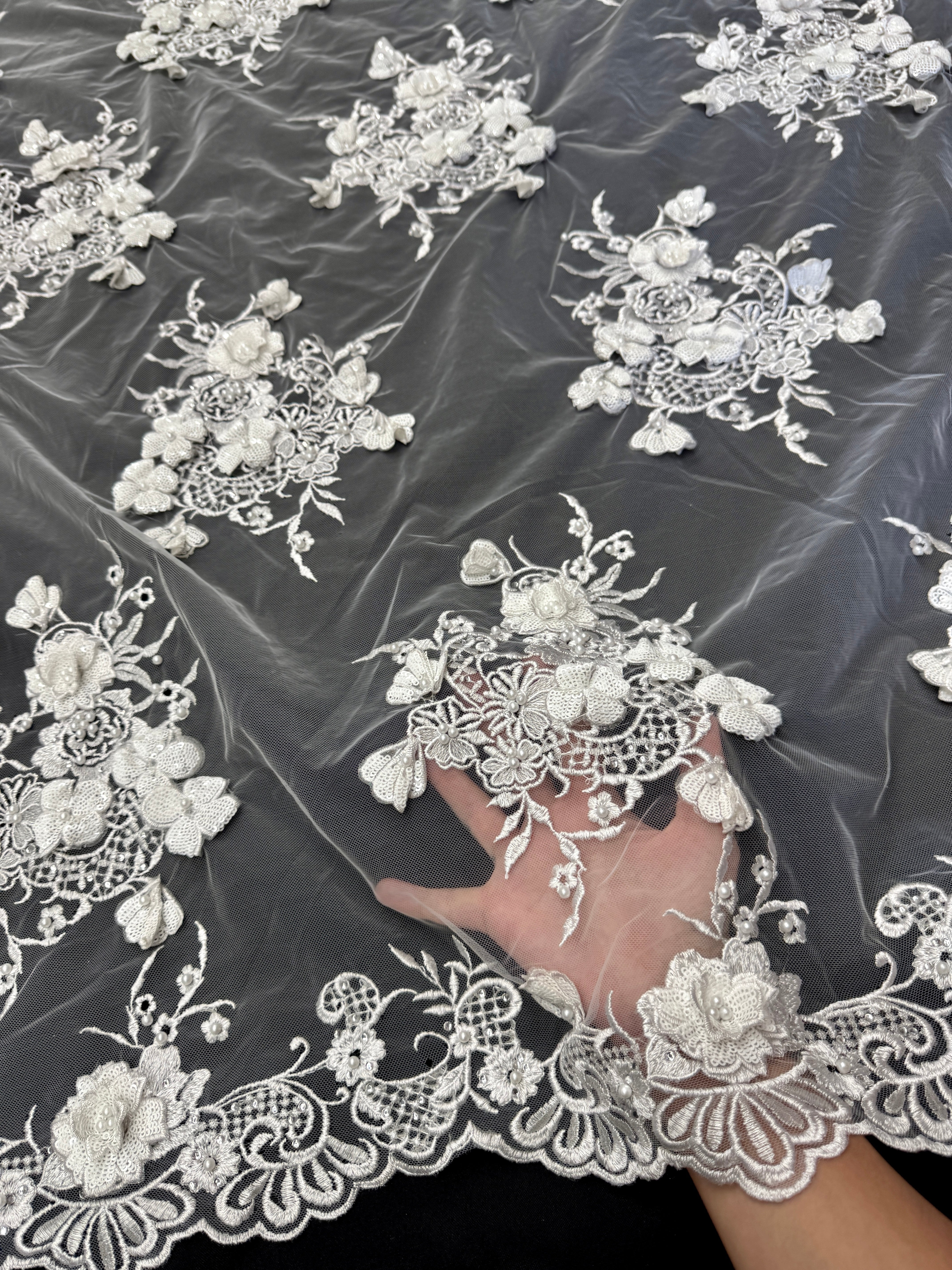 Off White Couture 3D Sequin Flower Pearl Embroidered Lace, Couture Lace Fabric, Floral Sequin Lace, Pearl Embroidered Lace, 3D Flower Lace, Embellished Lace Fabric, Luxury Lace Fabric
