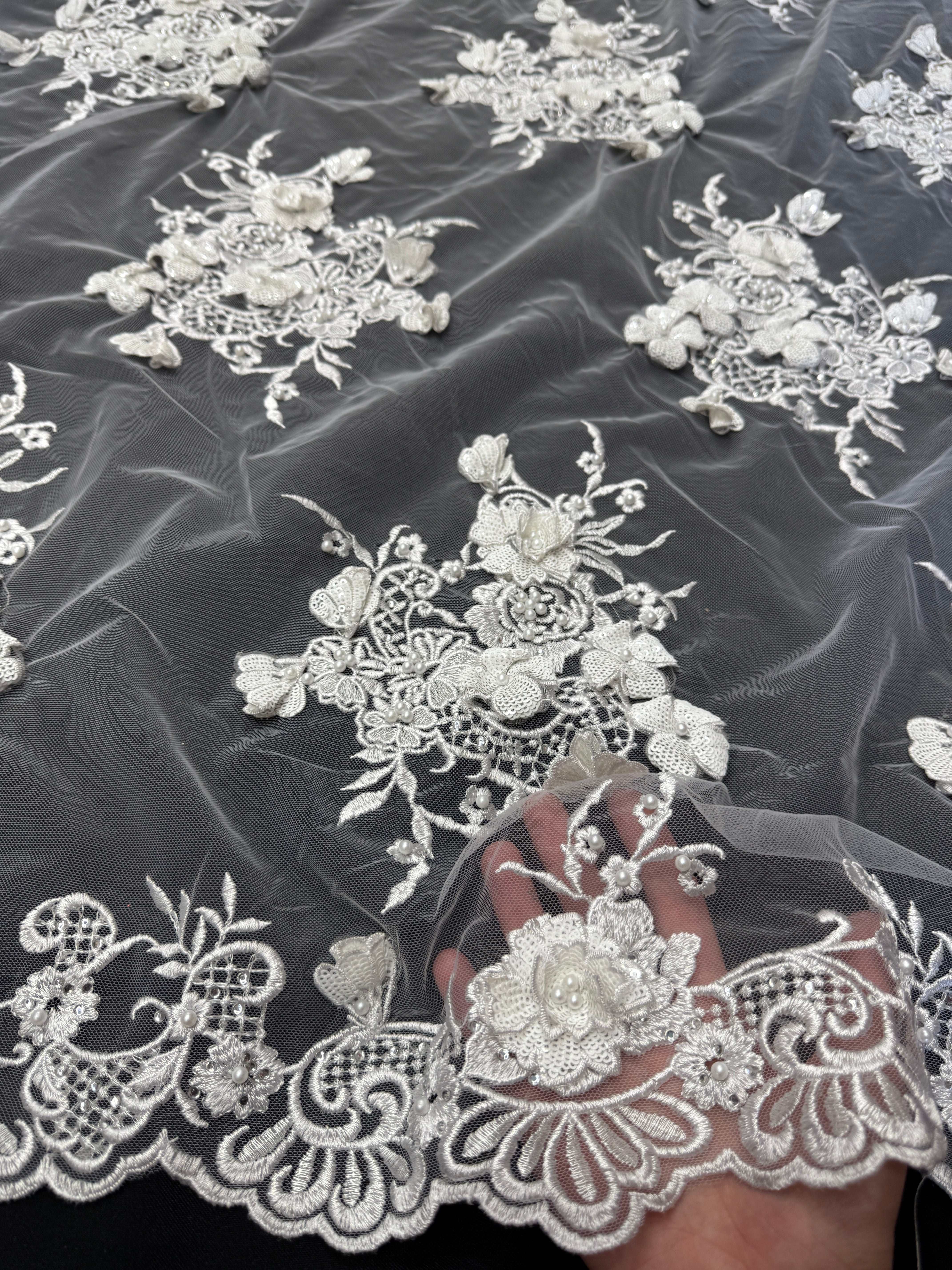 Off White Couture 3D Sequin Flower Pearl Embroidered Lace, Fabric Store, Sewing Store, Cheap Fabric Store, Kiki Textiles, Textile by the Yard