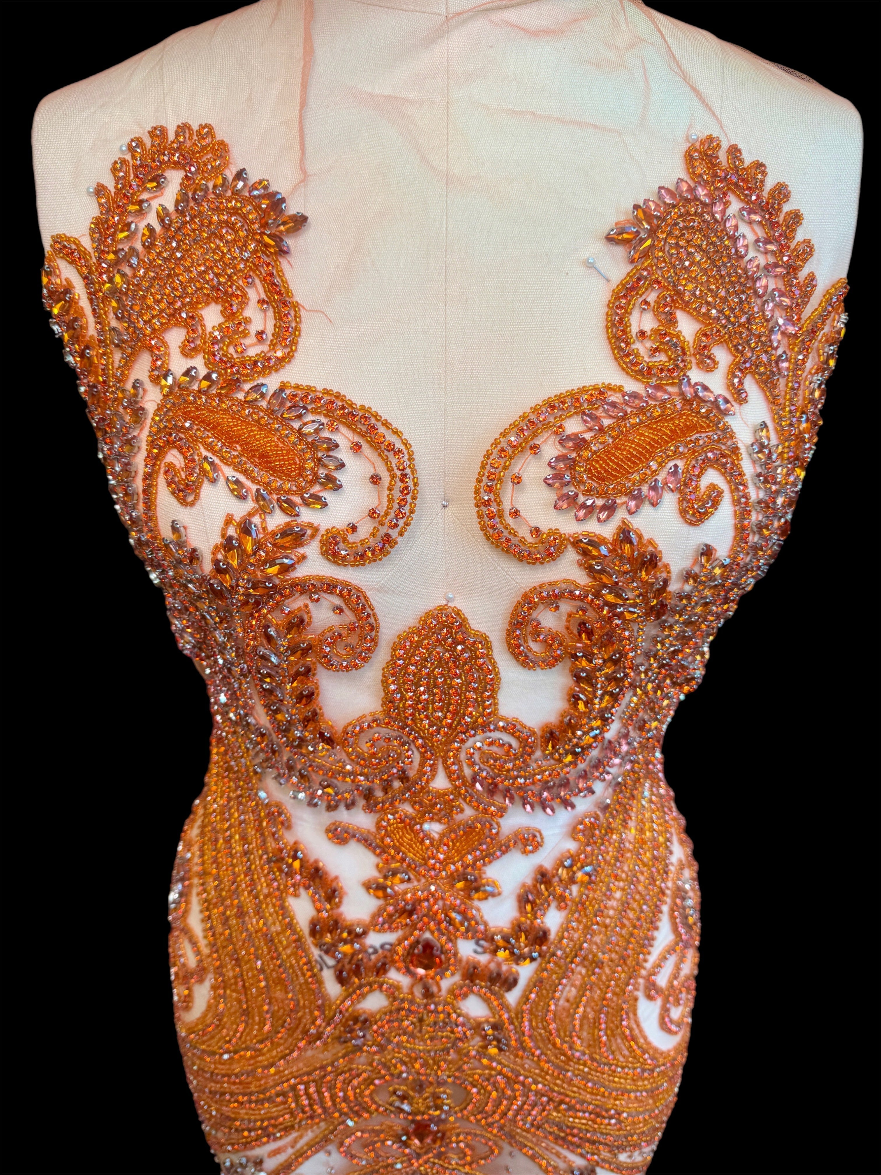 Deborah Orange Rhinestones Bodice Applique, orange rhinestone, light orange rhinestone, dark orange rhinestone  