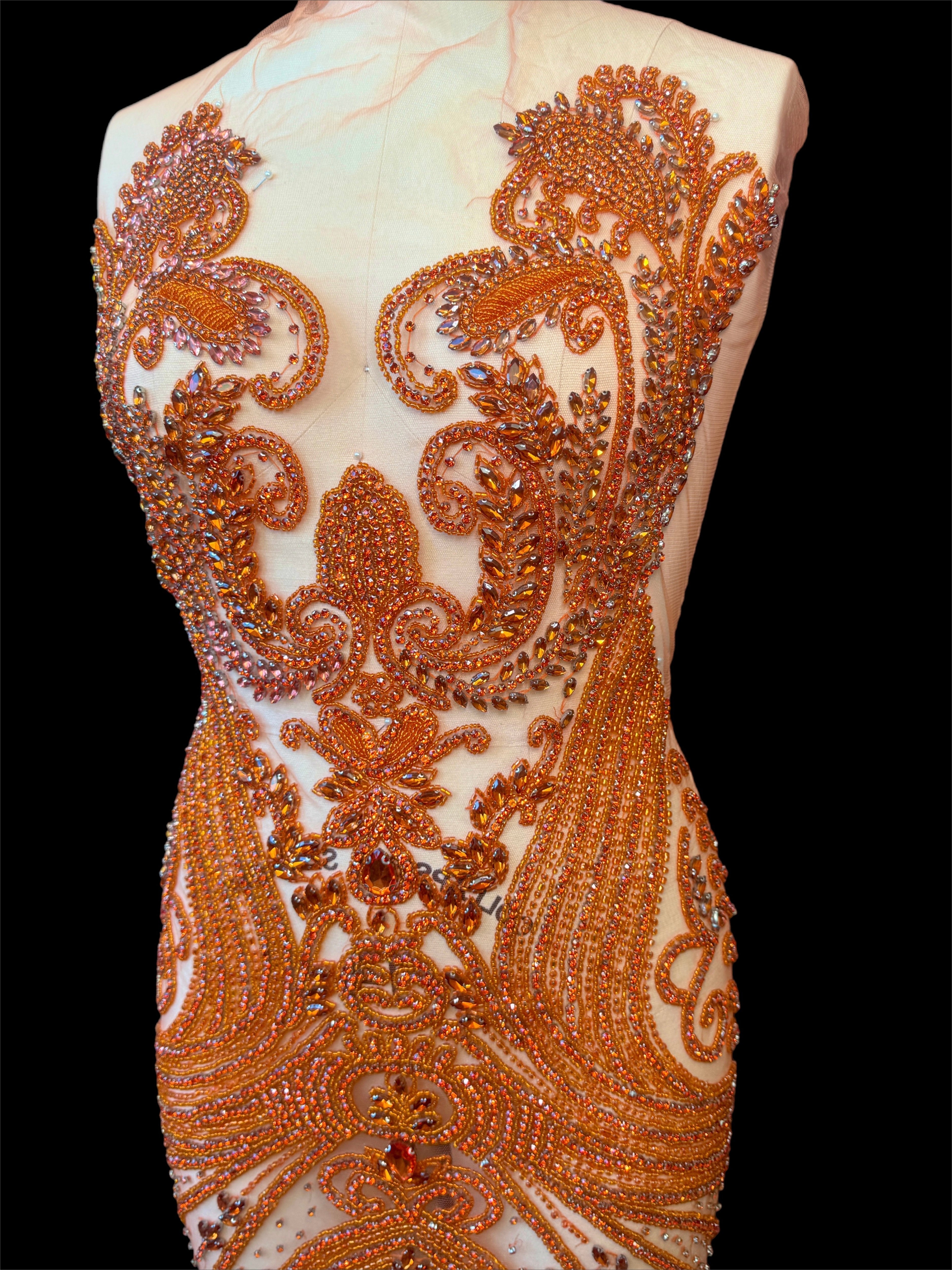 Deborah Orange Rhinestones Bodice Applique, orange rhinestone, light orange rhinestone, dark orange rhinestone  