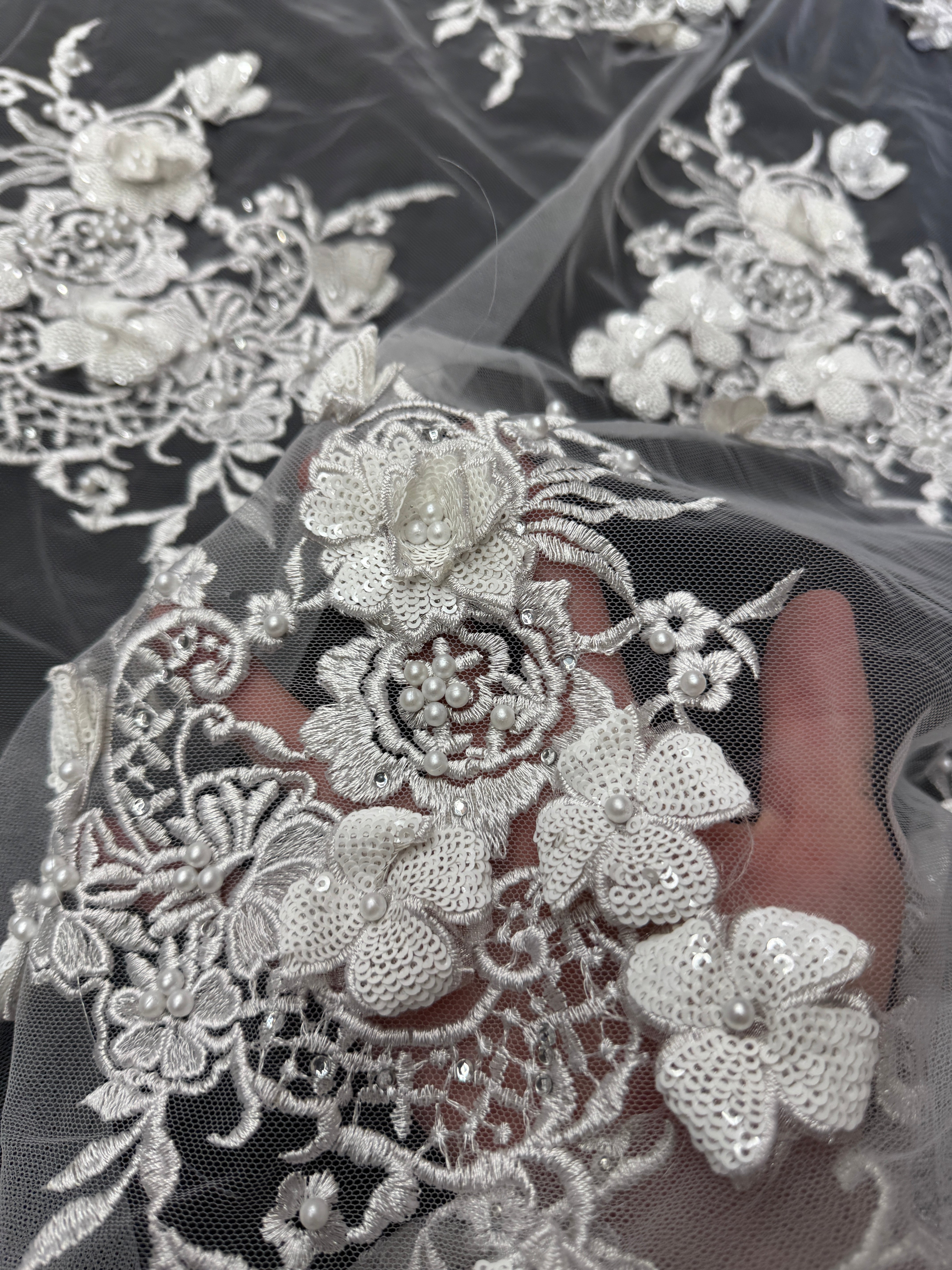 Off White Couture 3D Sequin Flower Pearl Embroidered Lace, Fabric Store, Sewing Store, Cheap Fabric Store, Kiki Textiles, Textile by the Yard
