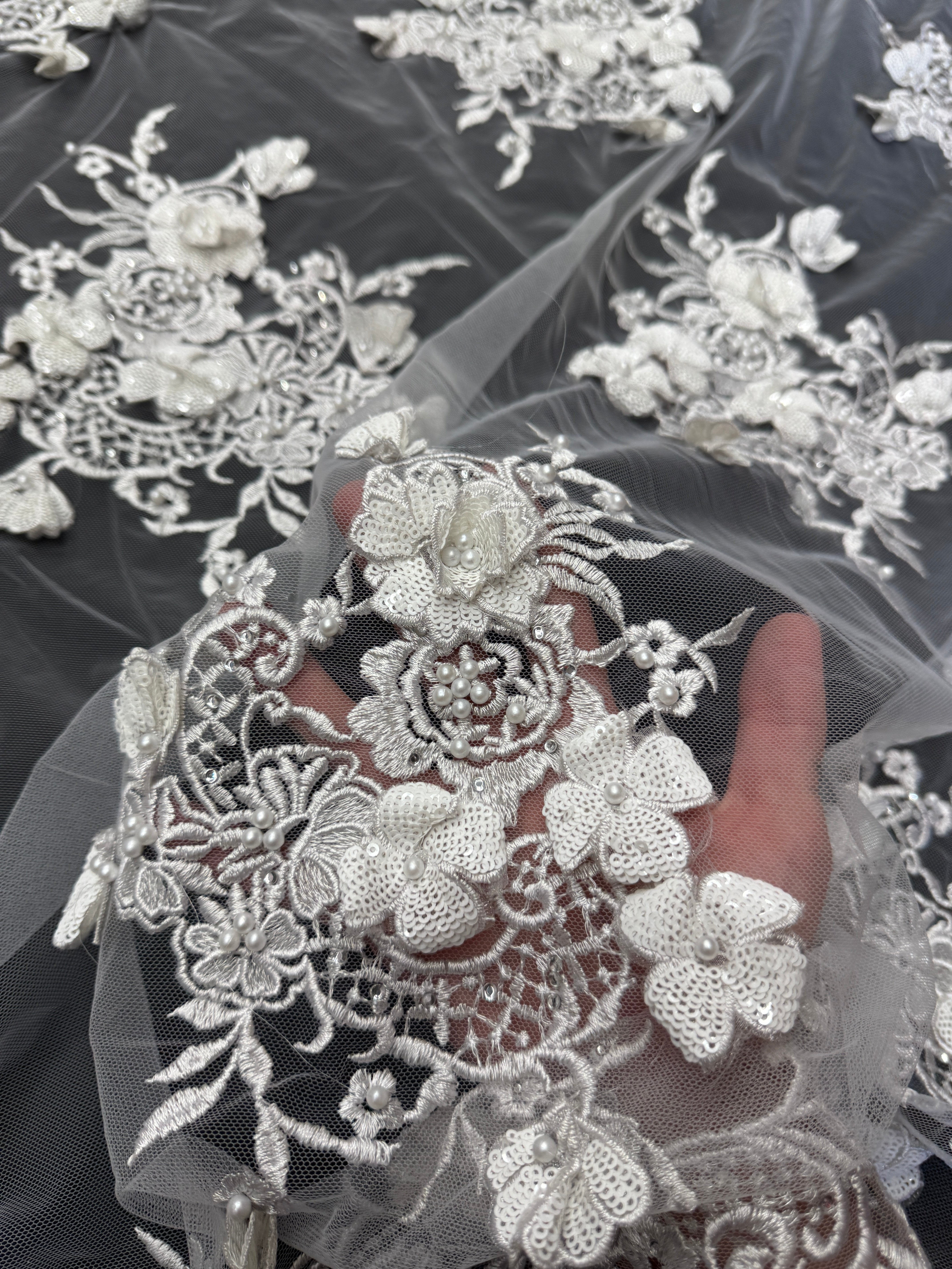 Off White Couture 3D Sequin Flower Pearl Embroidered Lace, Couture Lace Fabric, Floral Sequin Lace, Pearl Embroidered Lace, 3D Flower Lace, Embellished Lace Fabric, Luxury Lace Fabric