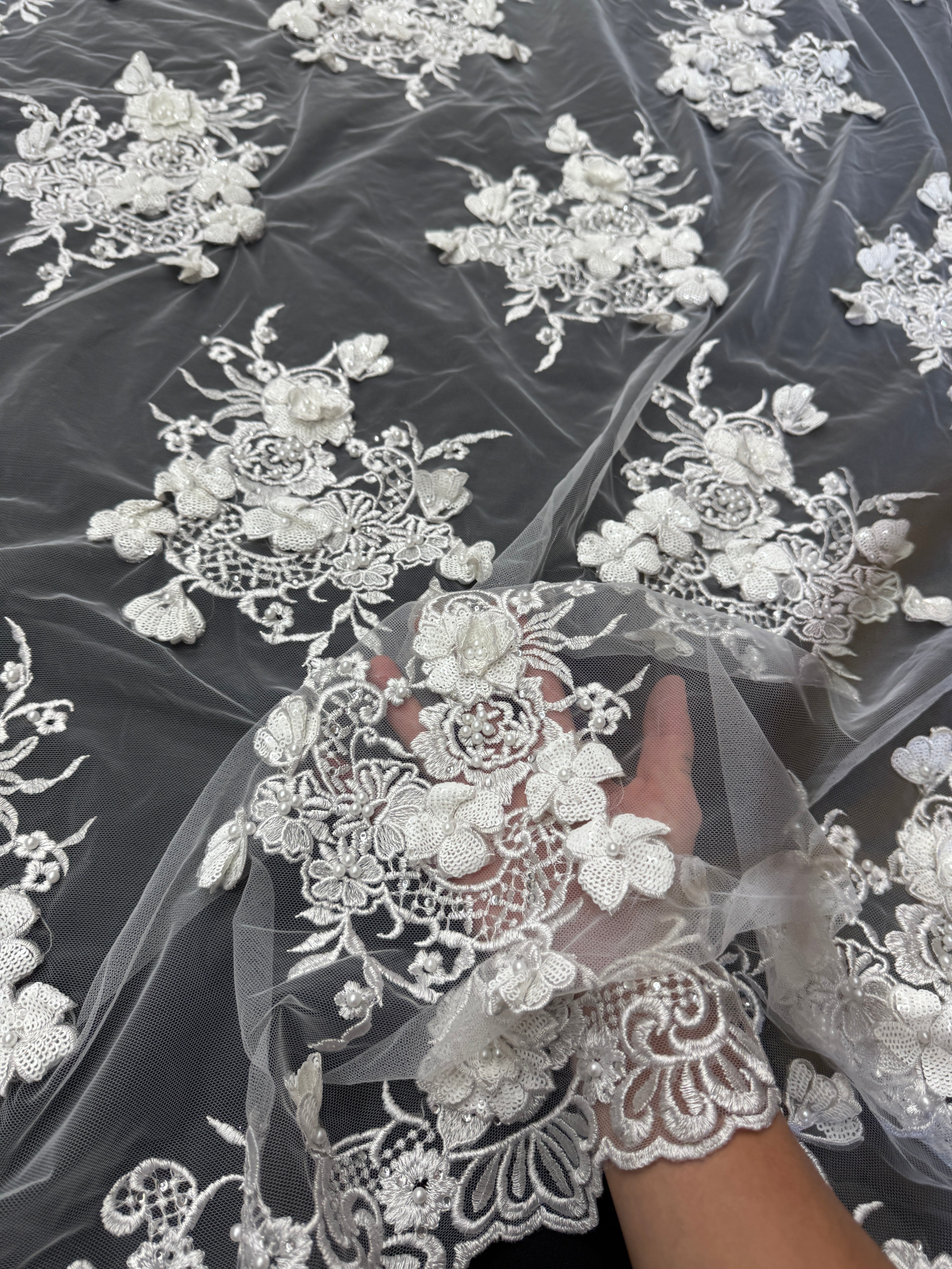 Off White Couture 3D Sequin Flower Pearl Embroidered Lace, Fabric Store, Sewing Store, Cheap Fabric Store, Kiki Textiles, Textile by the Yard
