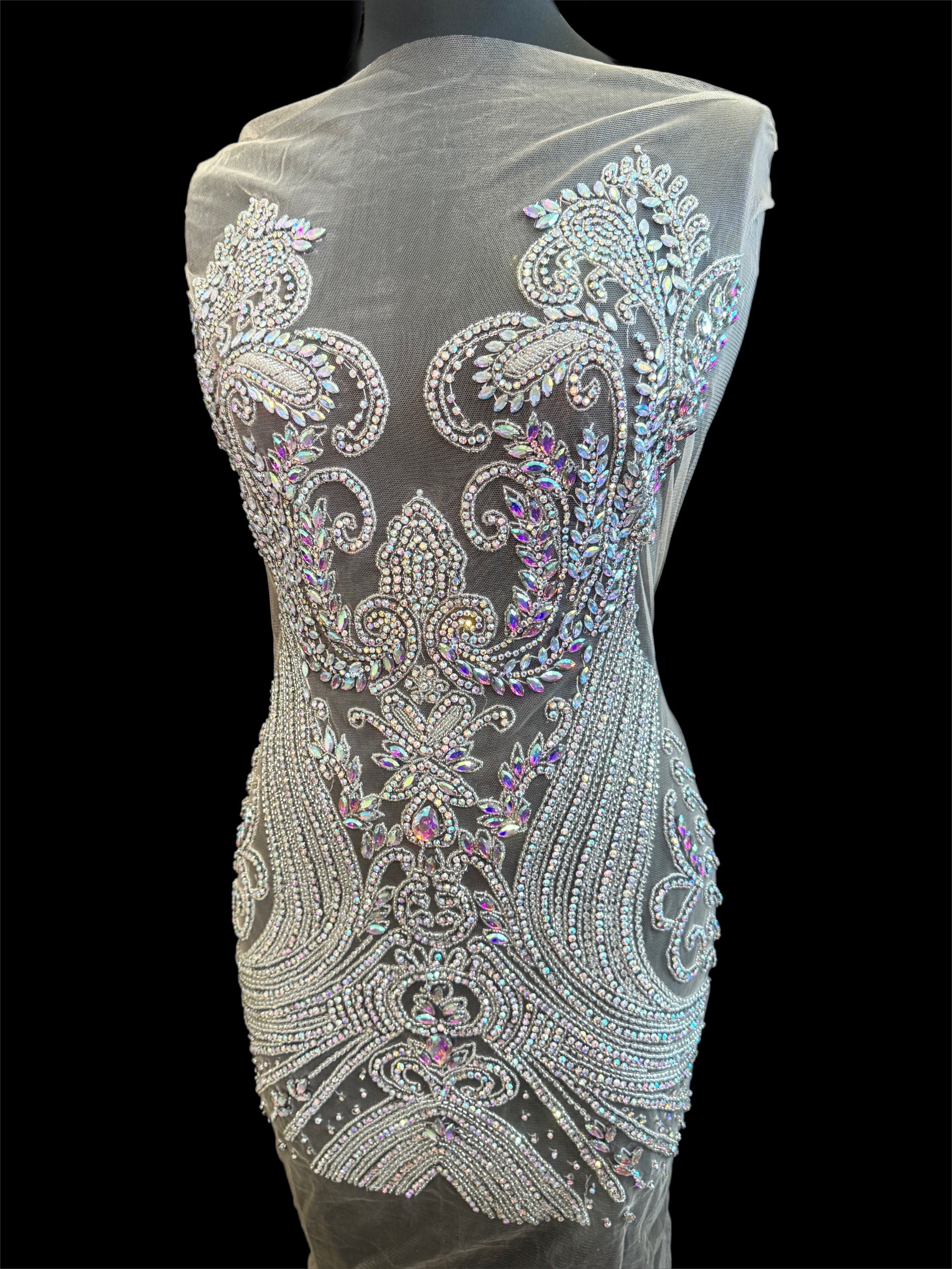 Deborah Silver Iridescent Rhinestones Bodice Applique, silver rhinestone, light silver rhinestone, dark silver rhinestone, silver rhinestone bodice applique