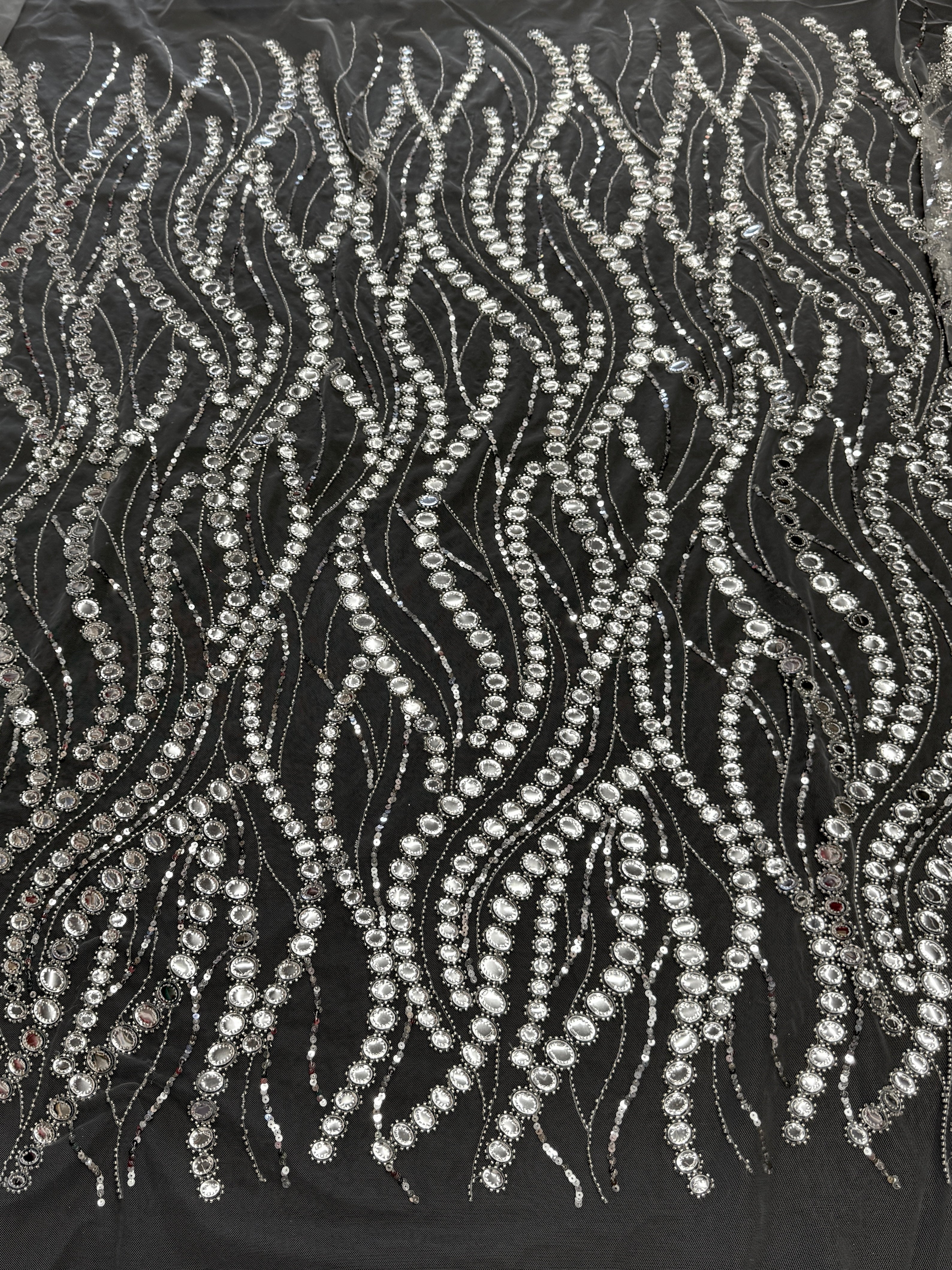 Silver Midnight Mirror Sequin Wave Lace, Wave Sequin Lace, Sequin Wave Lace, Mirror Lace Fabric, Embellished Lace Fabric, Sparkle Lace Fabric, Glitter Lace Fabric, Luxury Lace Fabric, Couture Lace Fabric