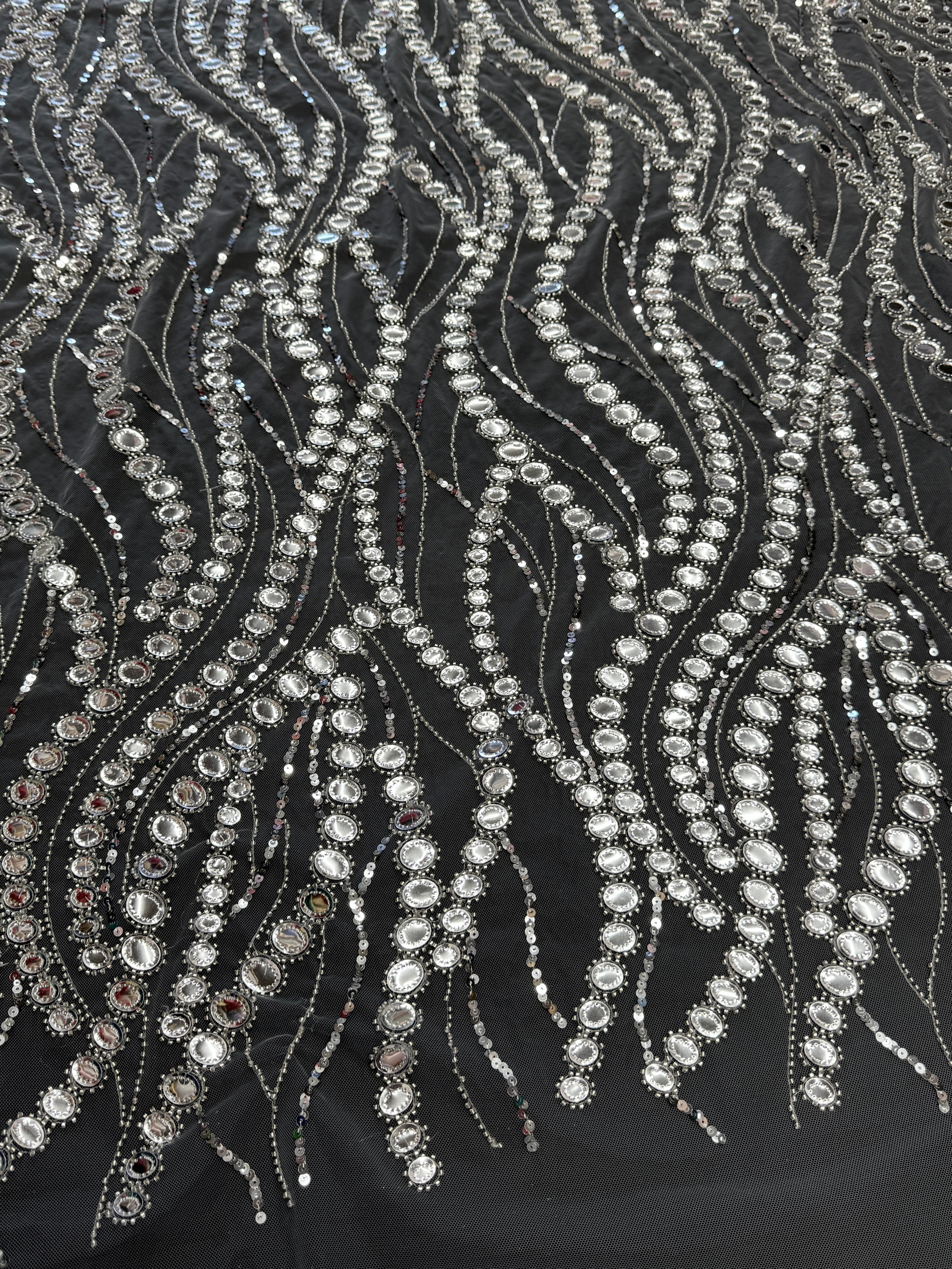 Silver Midnight Mirror Sequin Wave Lace, Wave Sequin Lace, Sequin Wave Lace, Mirror Lace Fabric, Embellished Lace Fabric, Sparkle Lace Fabric, Glitter Lace Fabric, Luxury Lace Fabric, Couture Lace Fabric