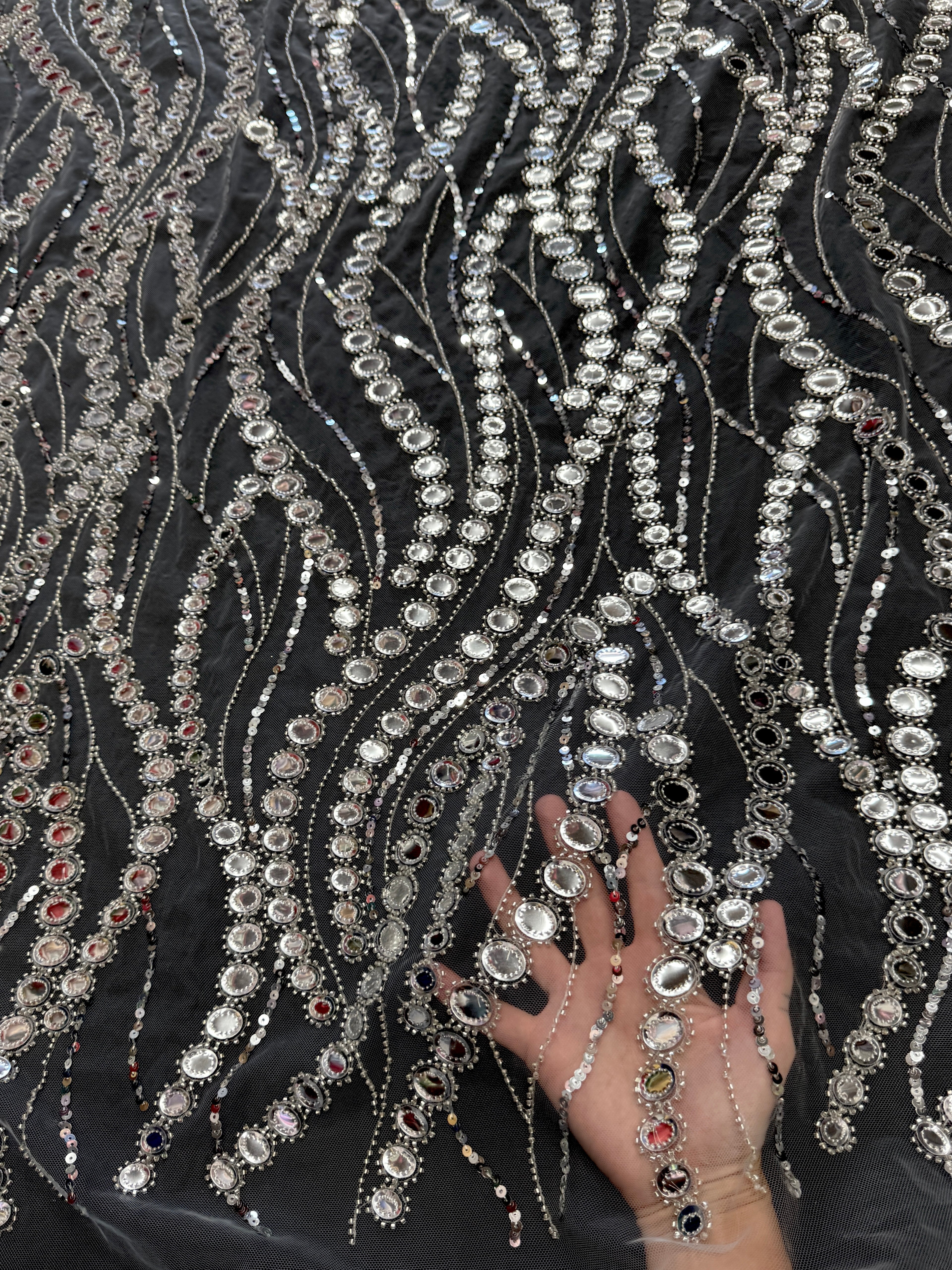 Silver Midnight Mirror Sequin Wave Lace, Fabric Store, Sewing Store, Cheap Fabric Store, Kiki Textiles, Textile by the Yard