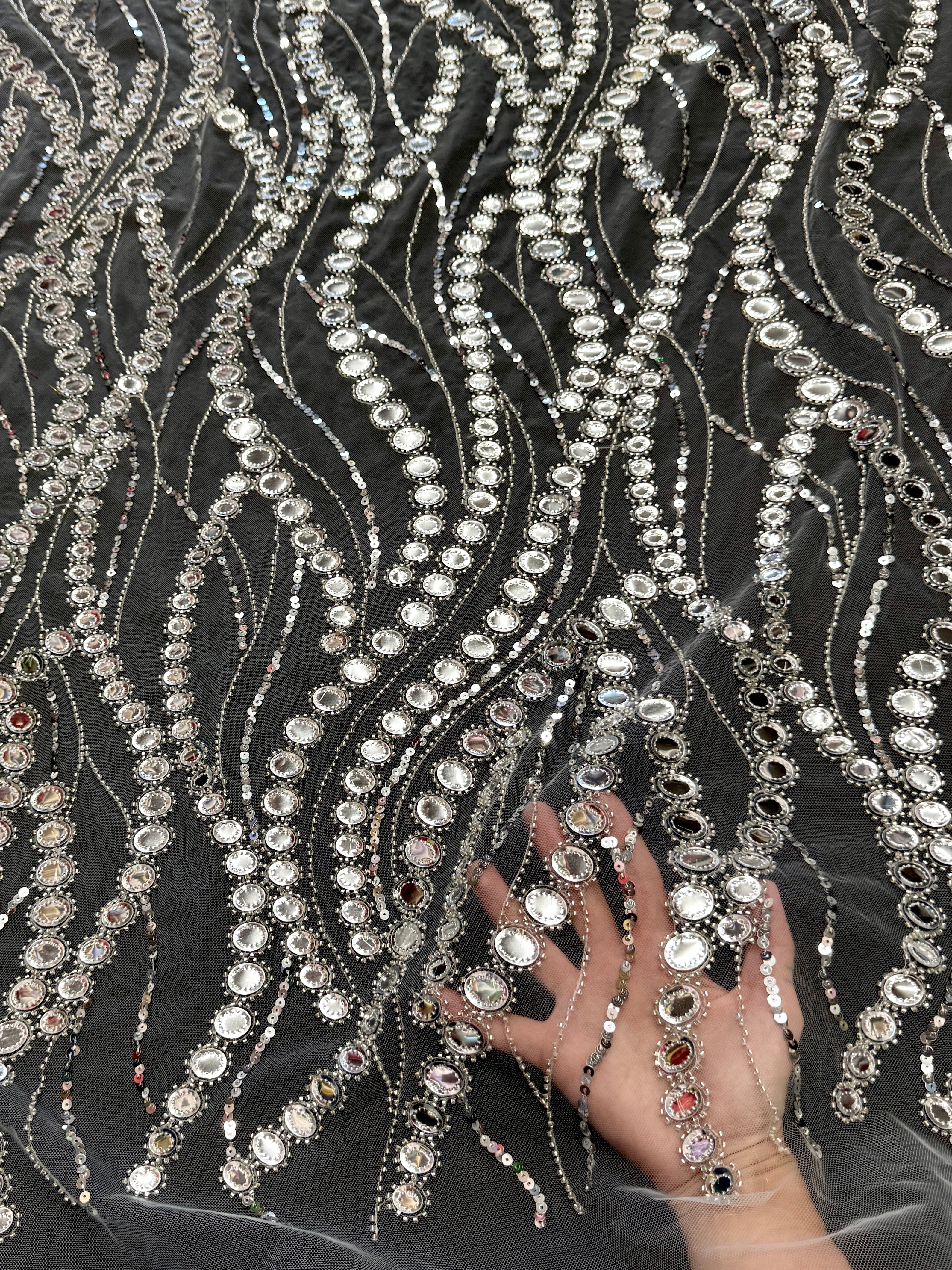 Silver Midnight Mirror Sequin Wave Lace, Fabric Store, Sewing Store, Cheap Fabric Store, Kiki Textiles, Textile by the Yard