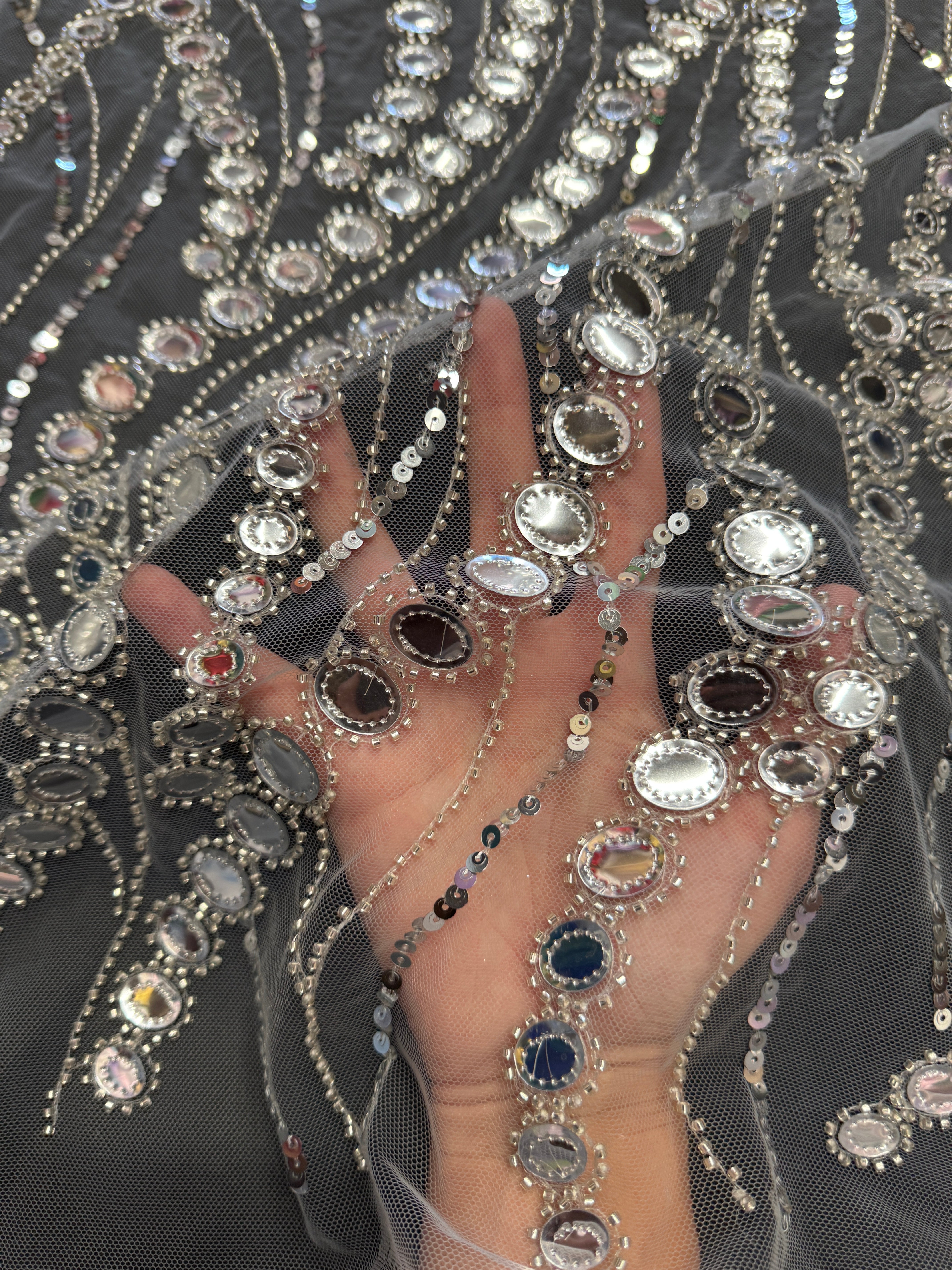 Silver Midnight Mirror Sequin Wave Lace, Fabric Store, Sewing Store, Cheap Fabric Store, Kiki Textiles, Textile by the Yard