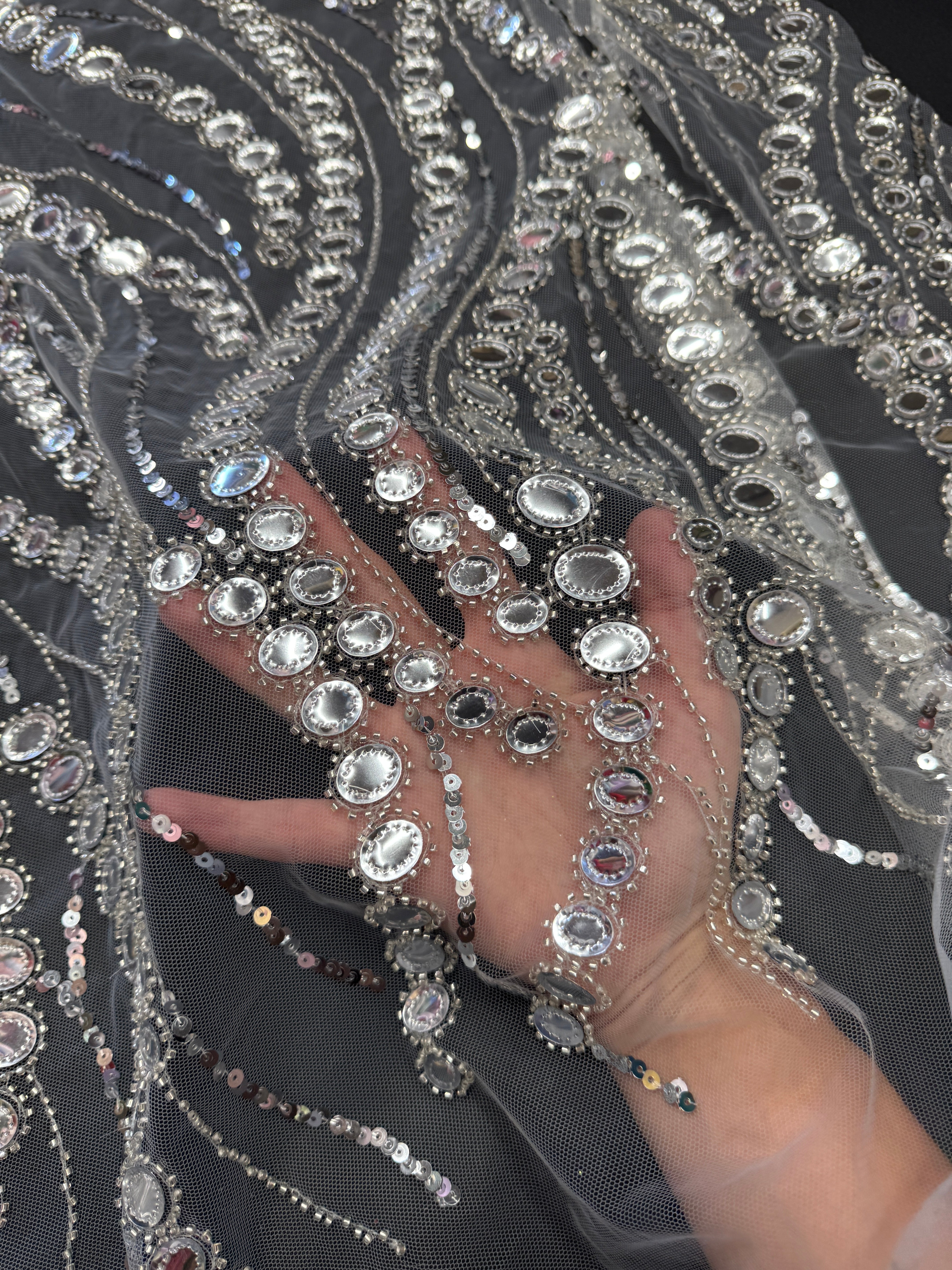 Silver Midnight Mirror Sequin Wave Lace, Fabric Store, Sewing Store, Cheap Fabric Store, Kiki Textiles, Textile by the Yard