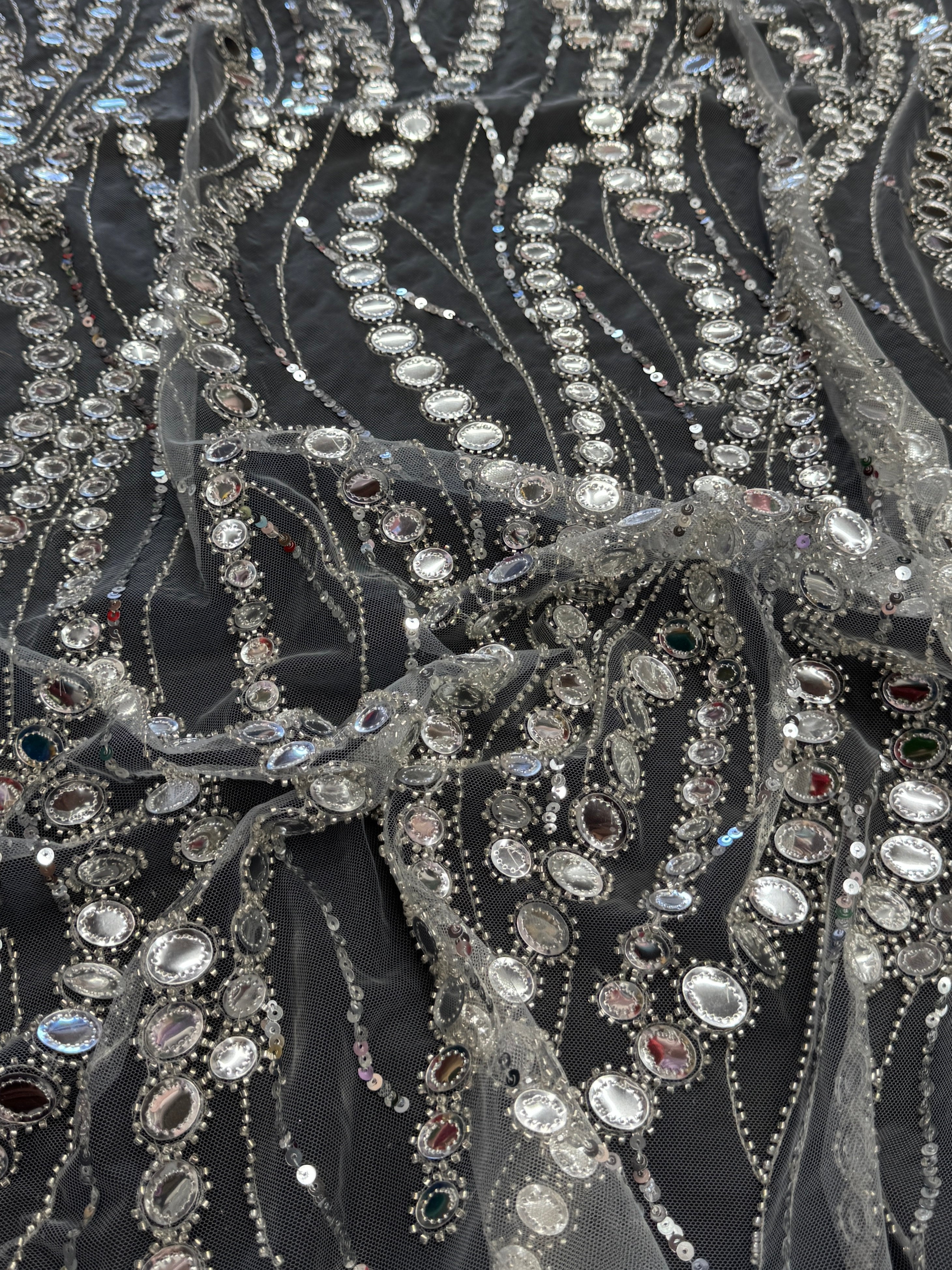 Silver Midnight Mirror Sequin Wave Lace, Wave Sequin Lace, Sequin Wave Lace, Mirror Lace Fabric, Embellished Lace Fabric, Sparkle Lace Fabric, Glitter Lace Fabric, Luxury Lace Fabric, Couture Lace Fabric