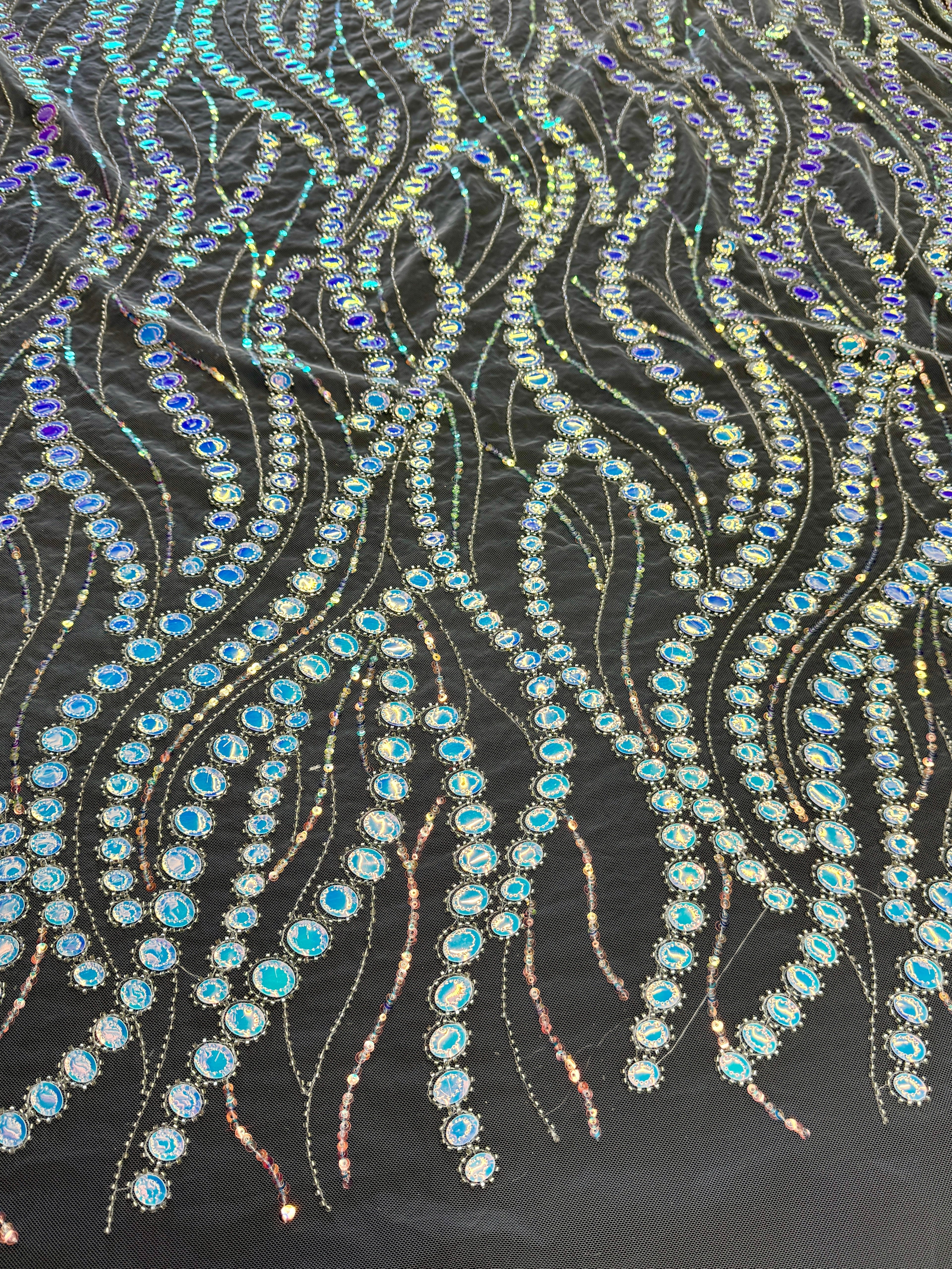 Silver Iridescent Midnight Mirror Sequin Wave Lace, Fabric Store, Sewing Store, Cheap Fabric Store, Kiki Textiles, Textile by the Yard