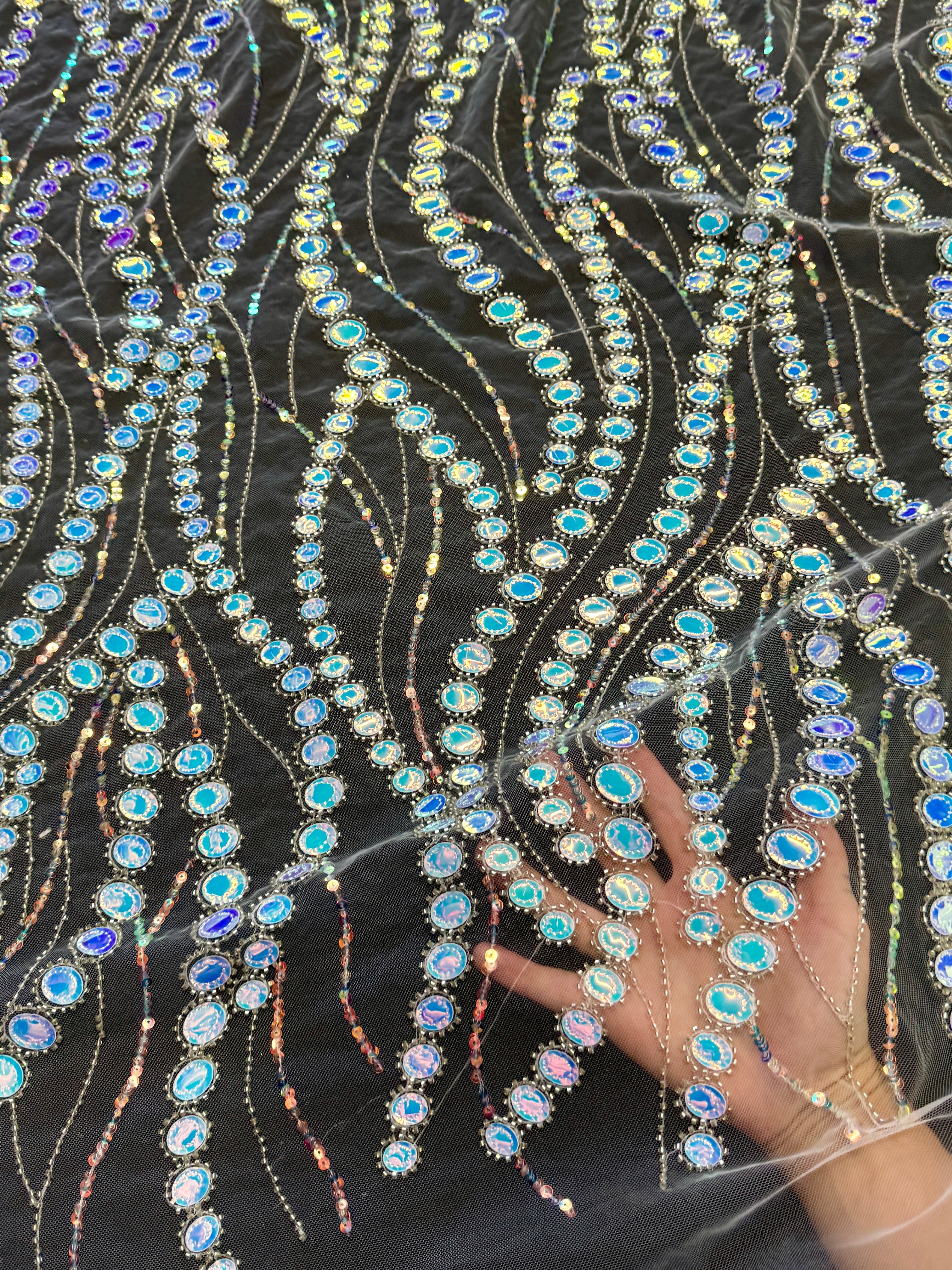 Silver Iridescent Midnight Mirror Sequin Wave Lace, Fabric Store, Sewing Store, Cheap Fabric Store, Kiki Textiles, Textile by the Yard