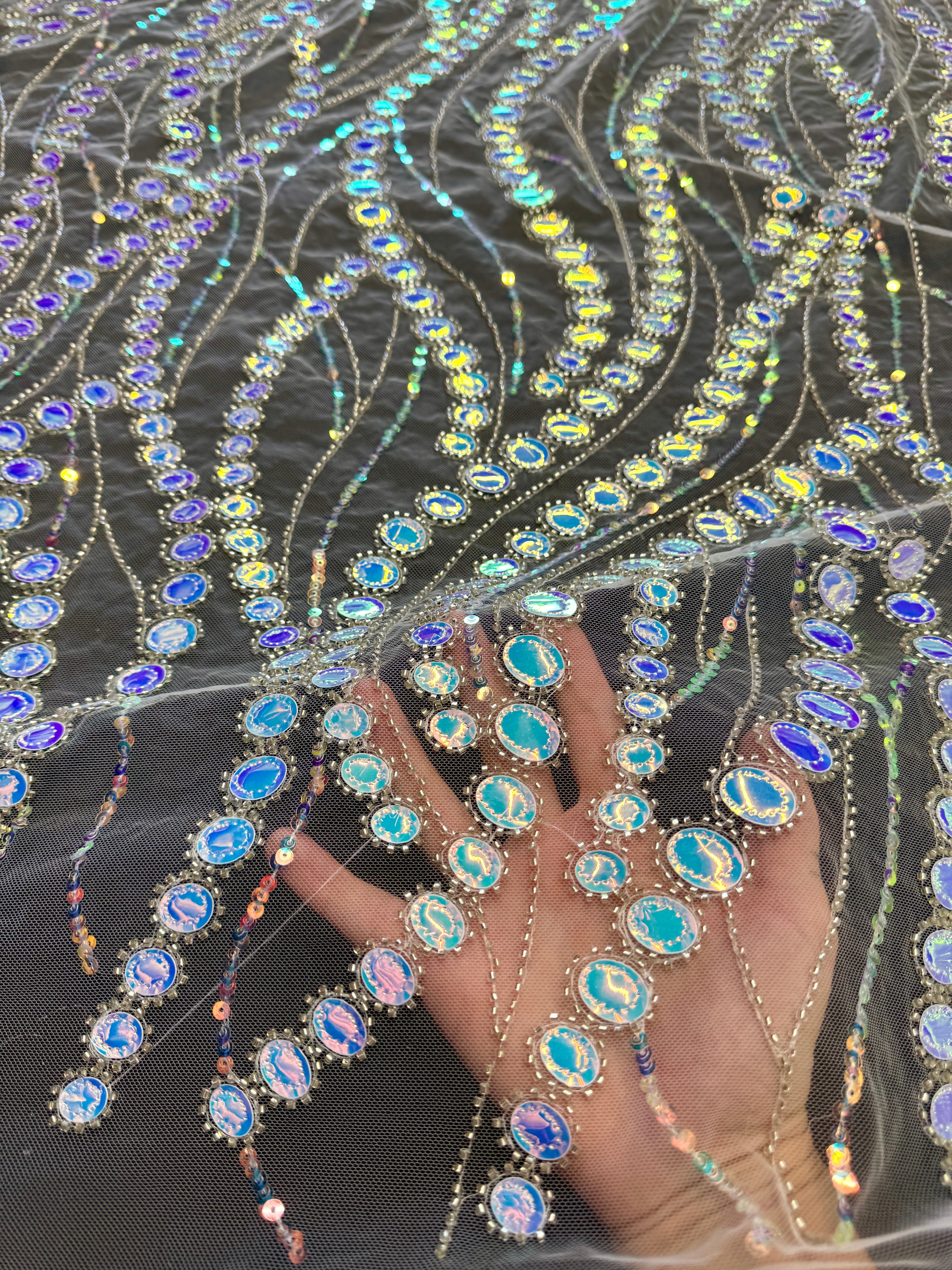 Silver Iridescent Midnight Mirror Sequin Wave Lace, Fabric Store, Sewing Store, Cheap Fabric Store, Kiki Textiles, Textile by the Yard