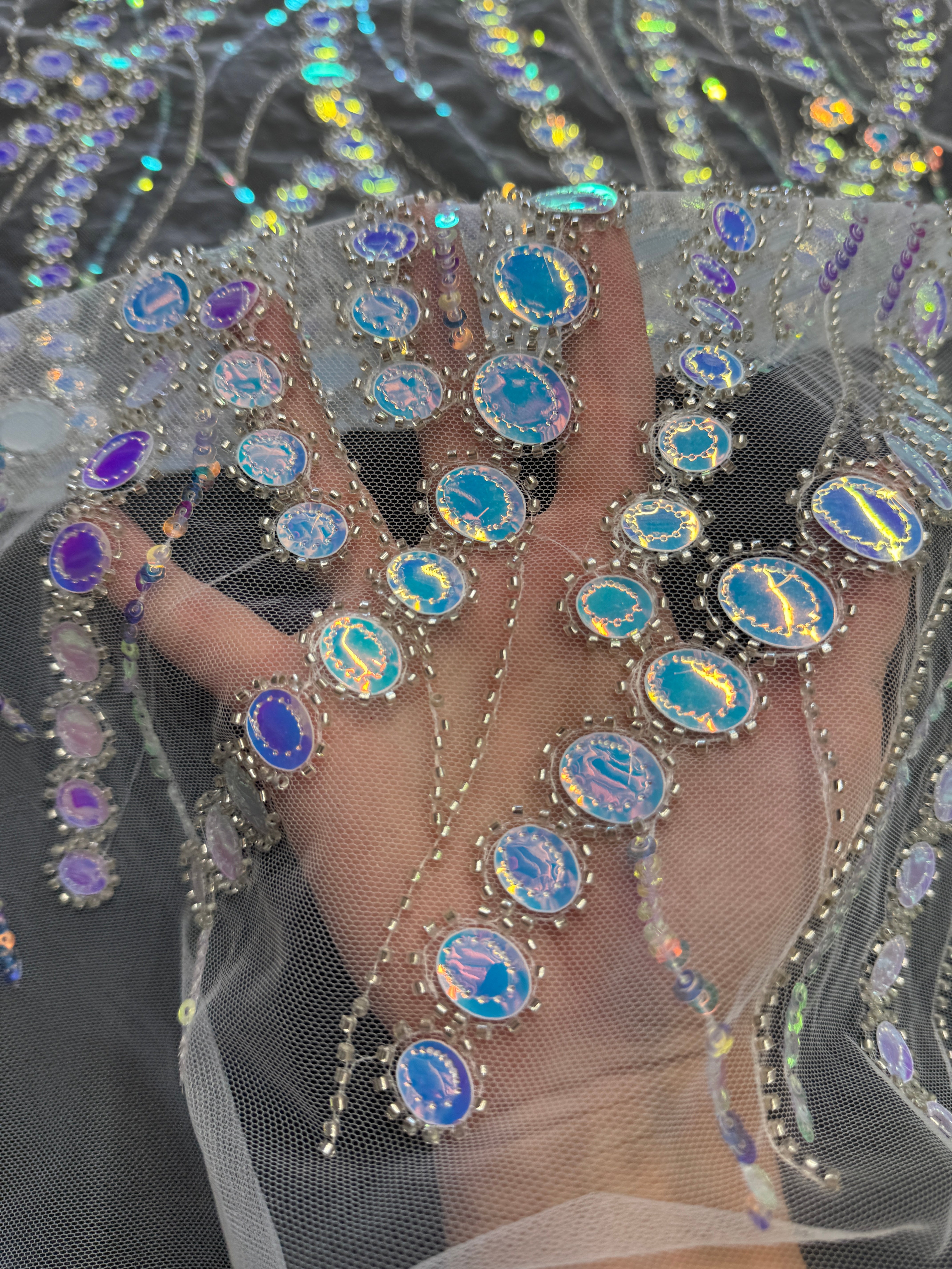 Silver Iridescent Midnight Mirror Sequin Wave Lace, Wave Sequin Lace, Sequin Wave Lace, Mirror Lace Fabric, Embellished Lace Fabric, Sparkle Lace Fabric, Glitter Lace Fabric, Luxury Lace Fabric