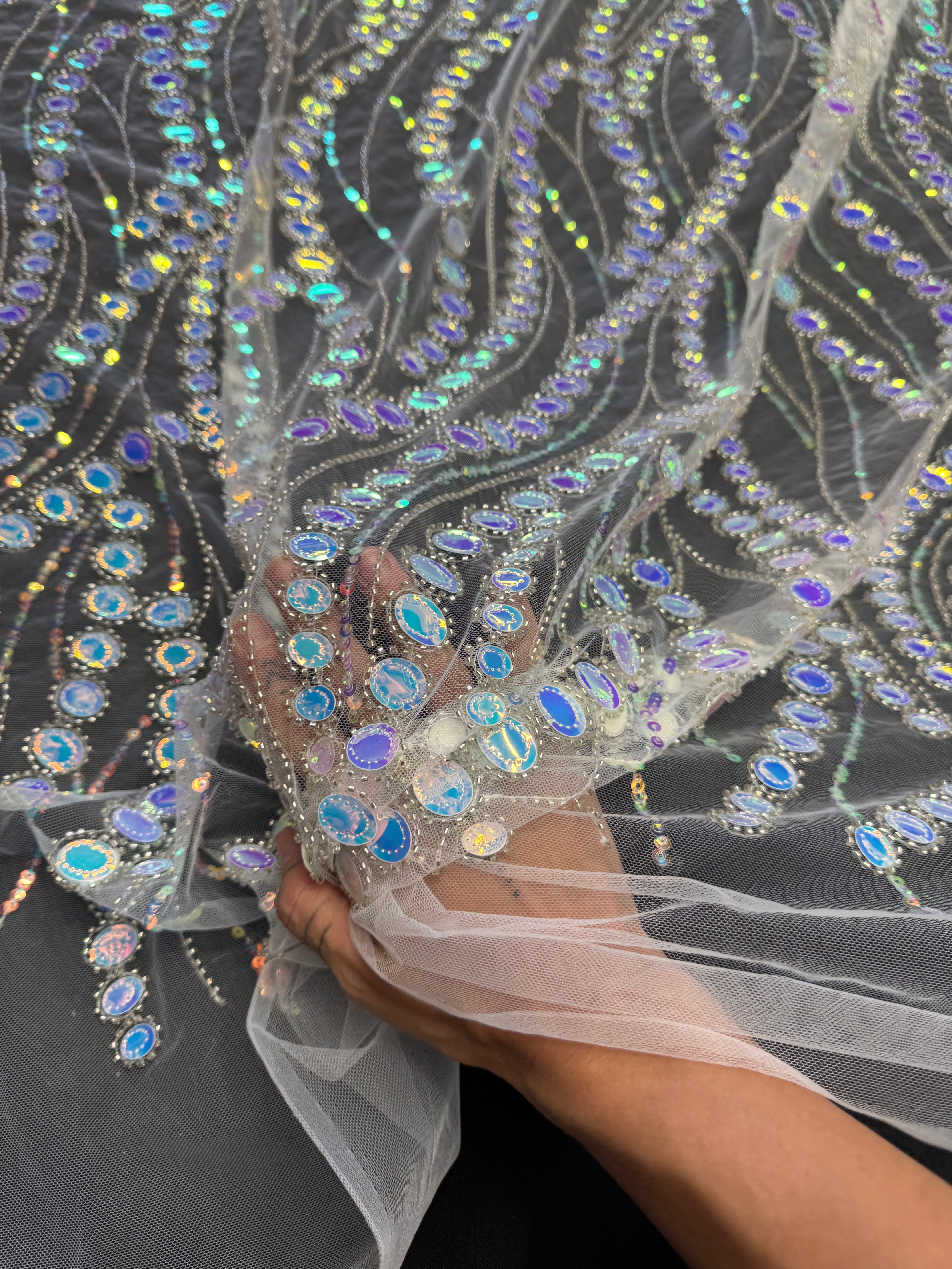 Silver Iridescent Midnight Mirror Sequin Wave Lace, Fabric Store, Sewing Store, Cheap Fabric Store, Kiki Textiles, Textile by the Yard