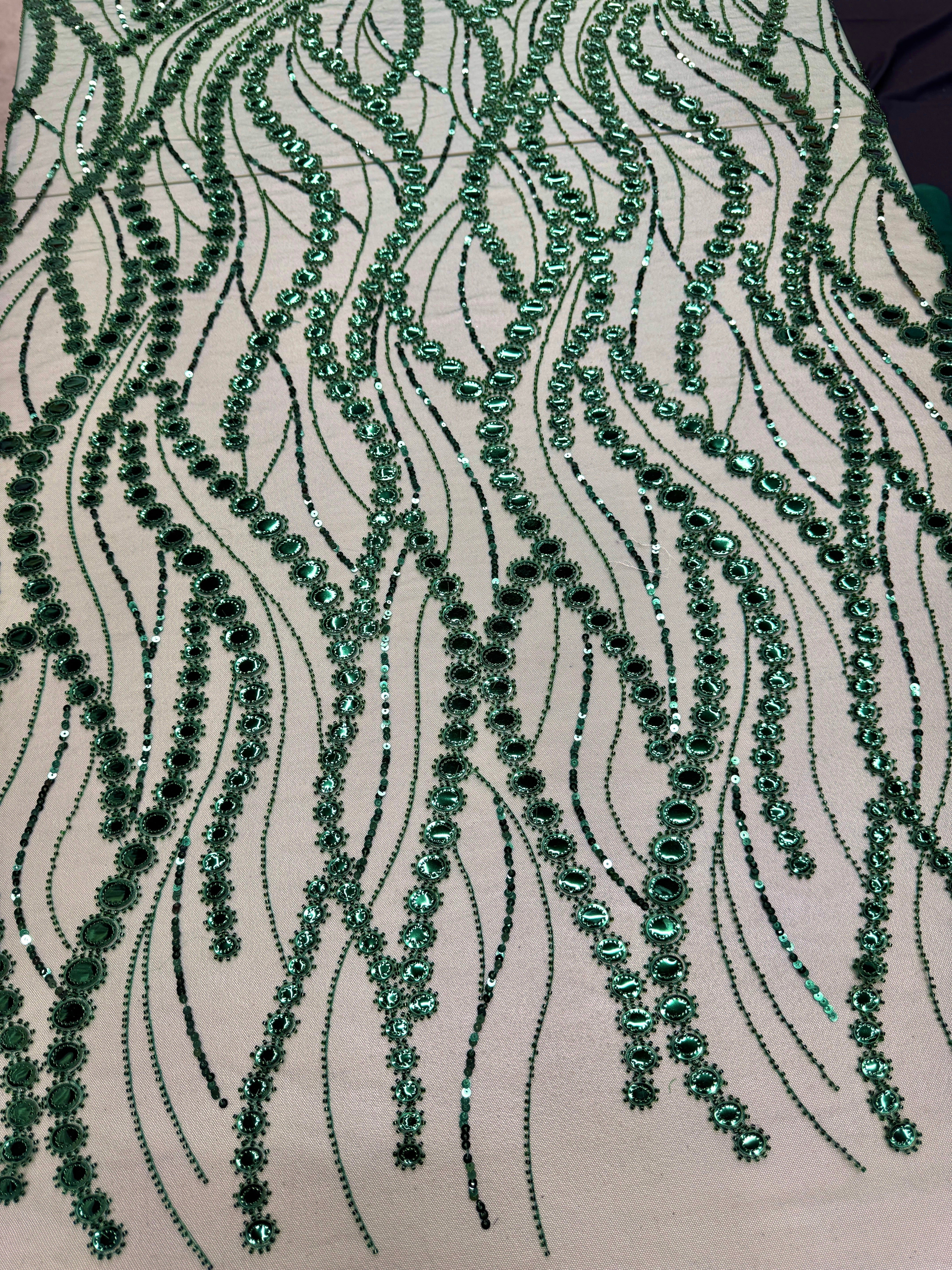 Emerald Green Mirror Sequin Wave Lace, Fabric Store, Sewing Store, Cheap Fabric Store, Kiki Textiles, Textile by the Yard