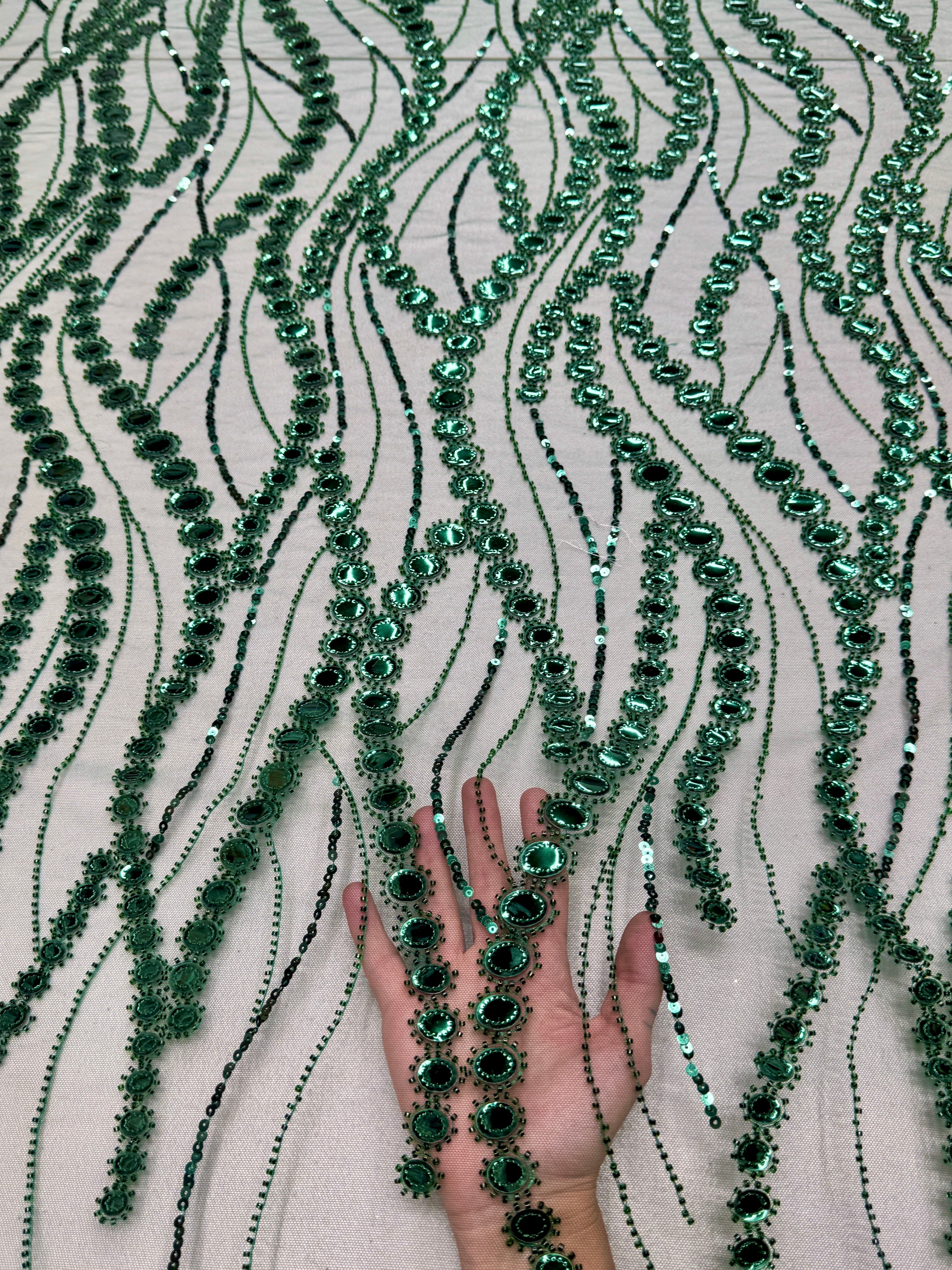 Emerald Green Mirror Sequin Wave Lace, Wave Sequin Lace, Sequin Wave Lace, Mirror Lace Fabric, Embellished Lace Fabric, Sparkle Lace Fabric, Glitter Lace Fabric, Luxury Lace Fabric, Couture Lace Fabric