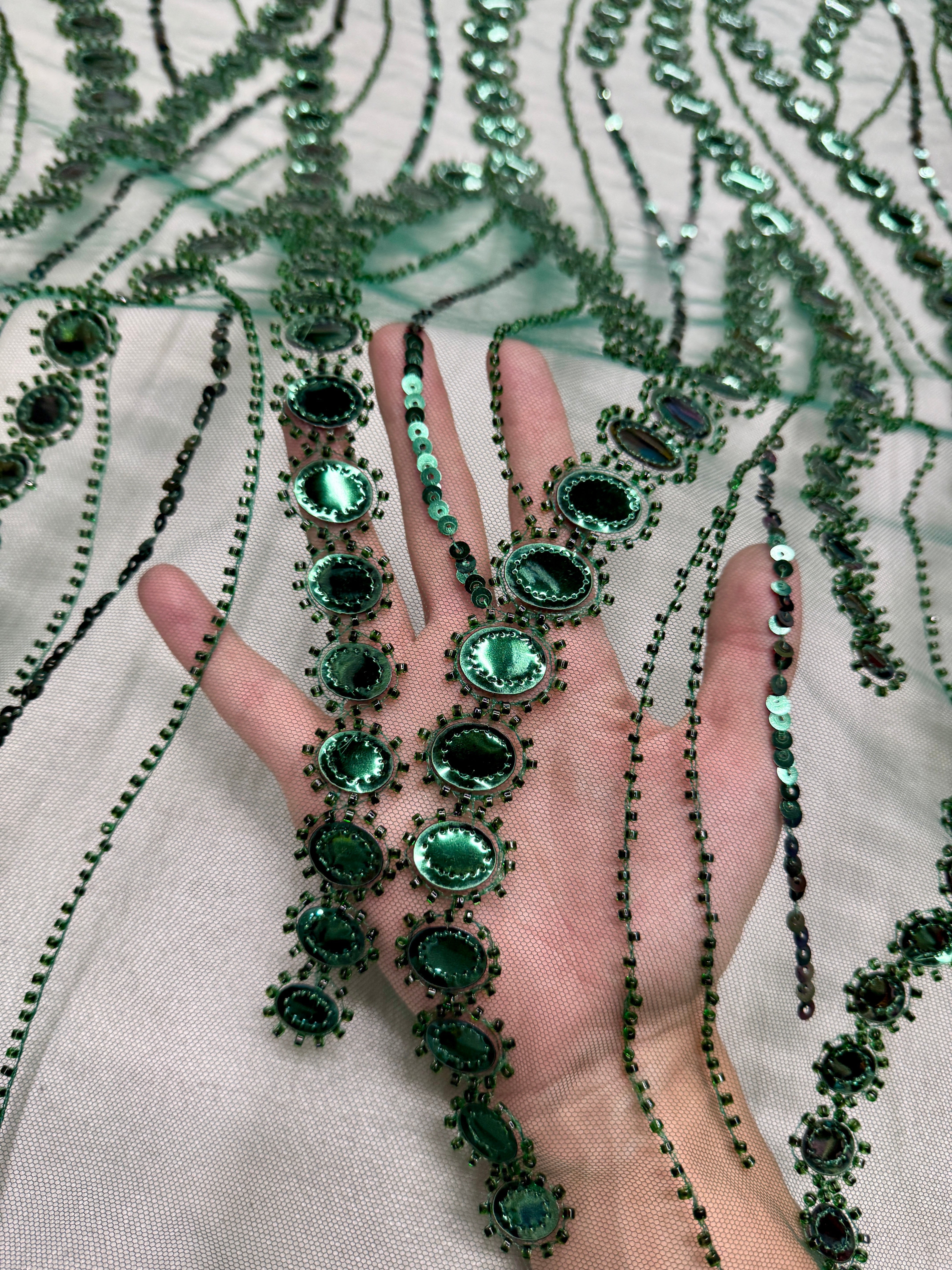 Emerald Green Mirror Sequin Wave Lace, Fabric Store, Sewing Store, Cheap Fabric Store, Kiki Textiles, Textile by the Yard