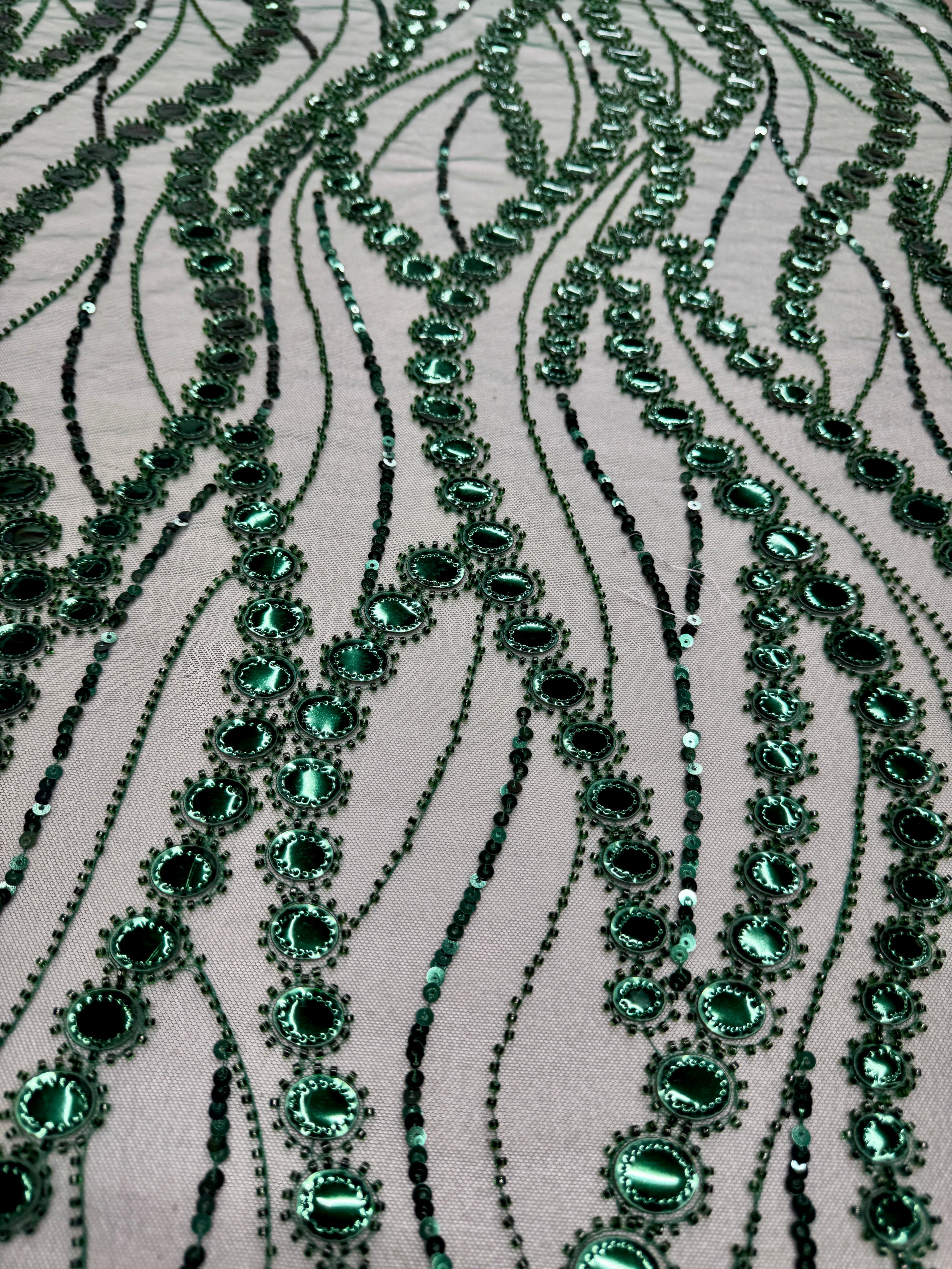 Emerald Green Mirror Sequin Wave Lace, Wave Sequin Lace, Sequin Wave Lace, Mirror Lace Fabric, Embellished Lace Fabric, Sparkle Lace Fabric, Glitter Lace Fabric, Luxury Lace Fabric, Couture Lace Fabric