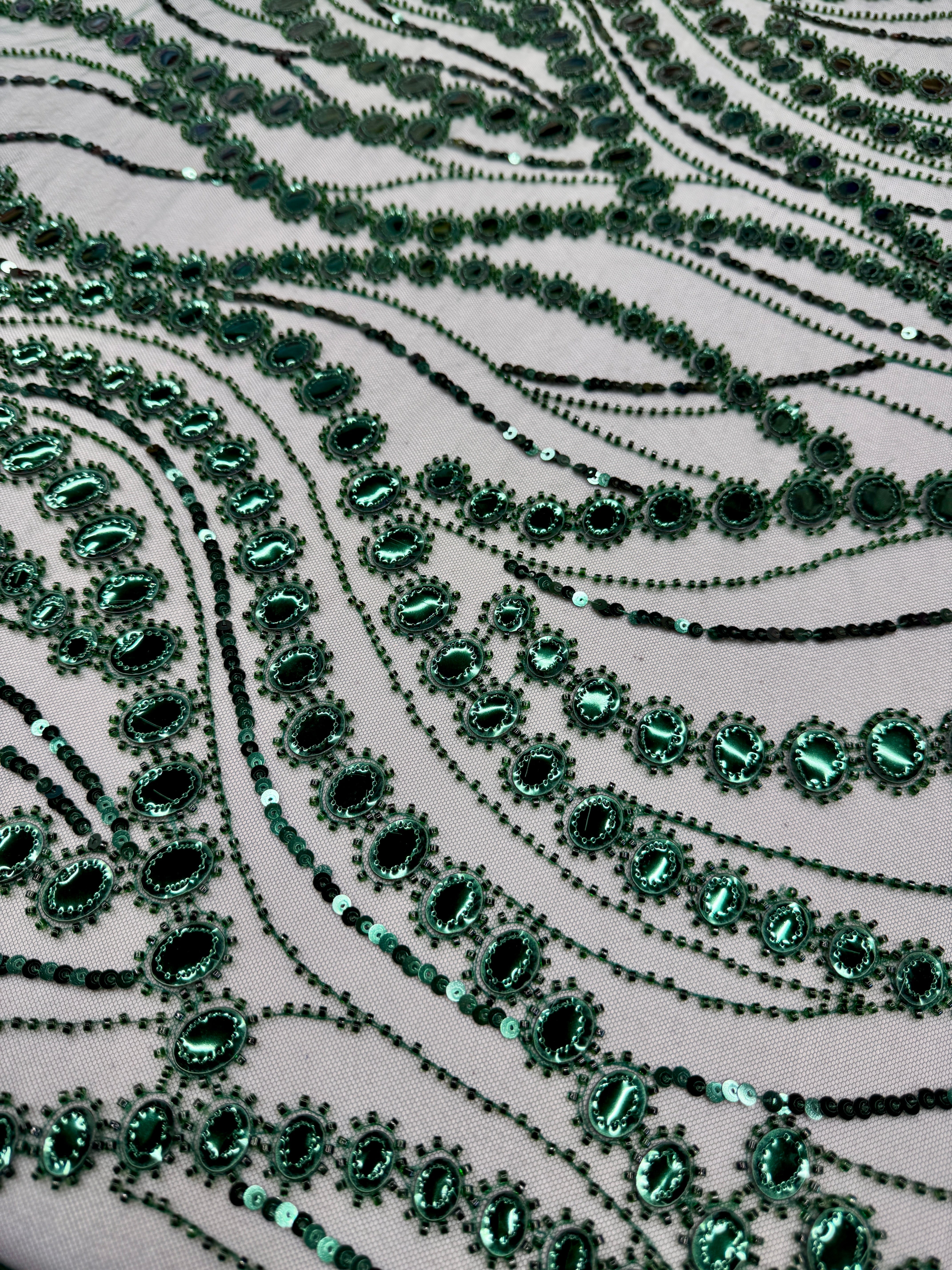 Emerald Green Mirror Sequin Wave Lace, Fabric Store, Sewing Store, Cheap Fabric Store, Kiki Textiles, Textile by the Yard