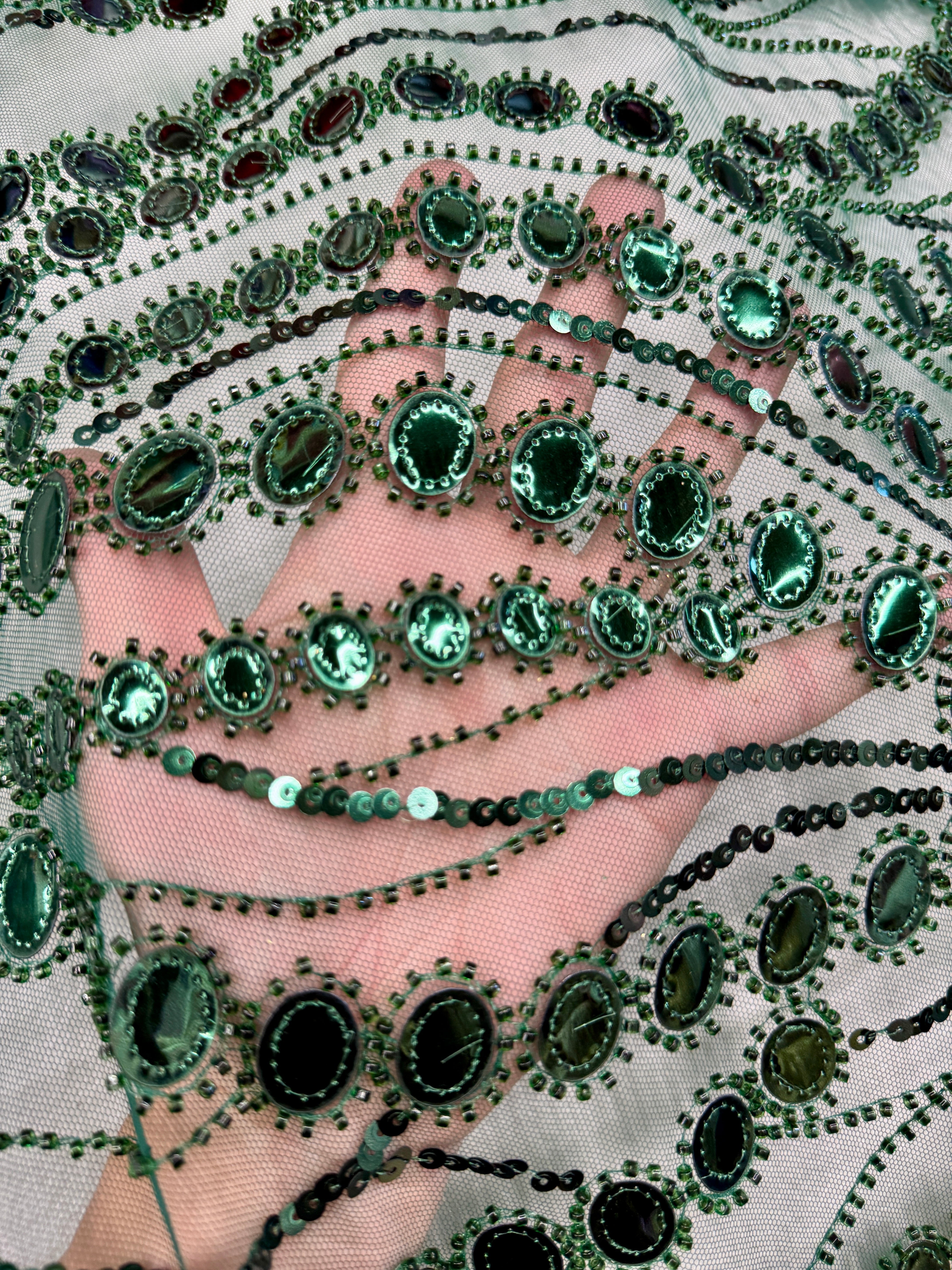 Emerald Green Mirror Sequin Wave Lace, Wave Sequin Lace, Sequin Wave Lace, Mirror Lace Fabric, Embellished Lace Fabric, Sparkle Lace Fabric, Glitter Lace Fabric, Luxury Lace Fabric, Couture Lace Fabric