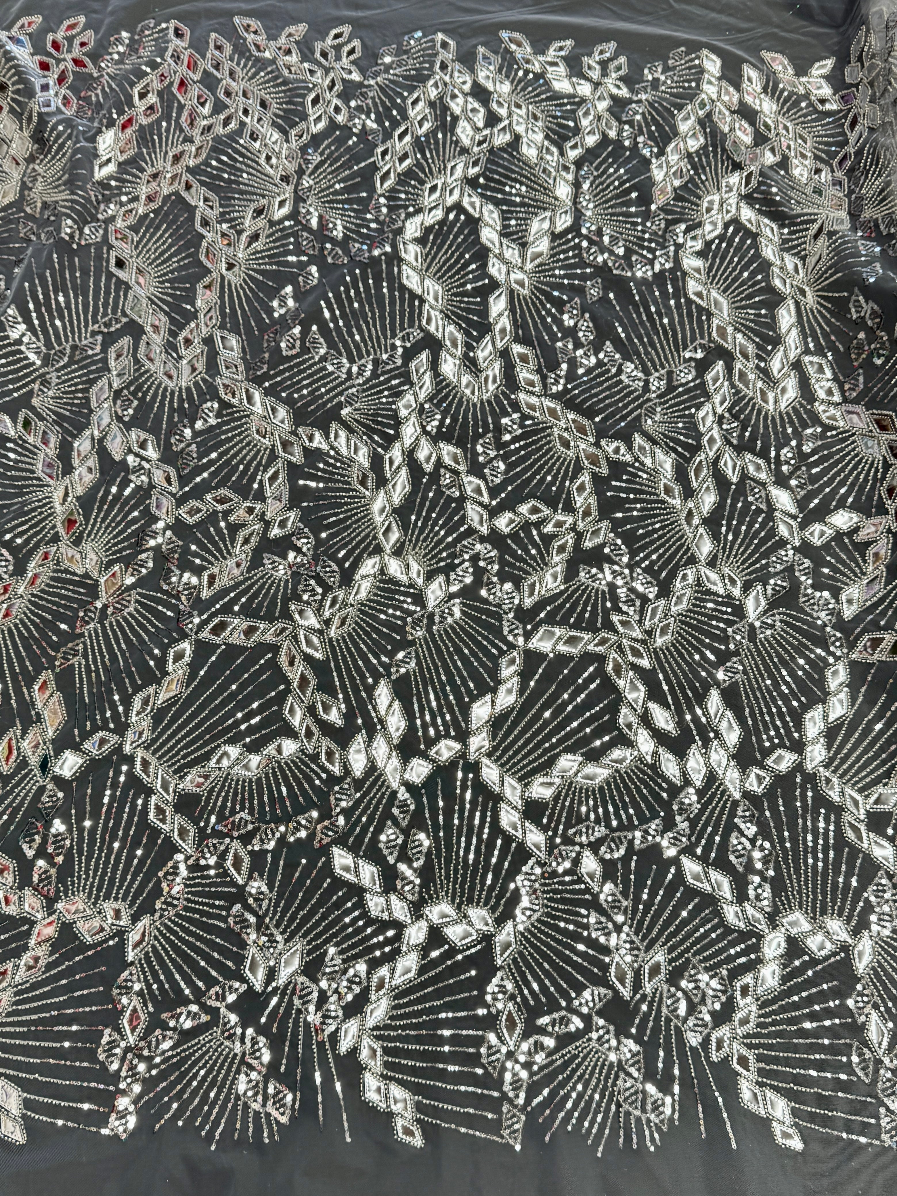 Silver Art Deco Mirror Sequin Lace, Mirror Sequin Lace, Sequin Lace Fabric, Embellished Lace Fabric, Sparkle Lace Fabric, Glitter Lace Fabric, Luxury Lace Fabric