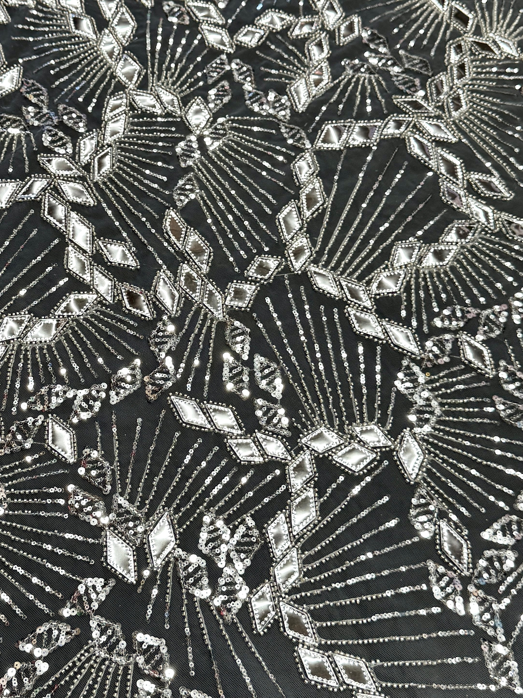 Silver Art Deco Mirror Sequin Lace, Mirror Sequin Lace, Sequin Lace Fabric, Embellished Lace Fabric, Sparkle Lace Fabric, Glitter Lace Fabric, Luxury Lace Fabric