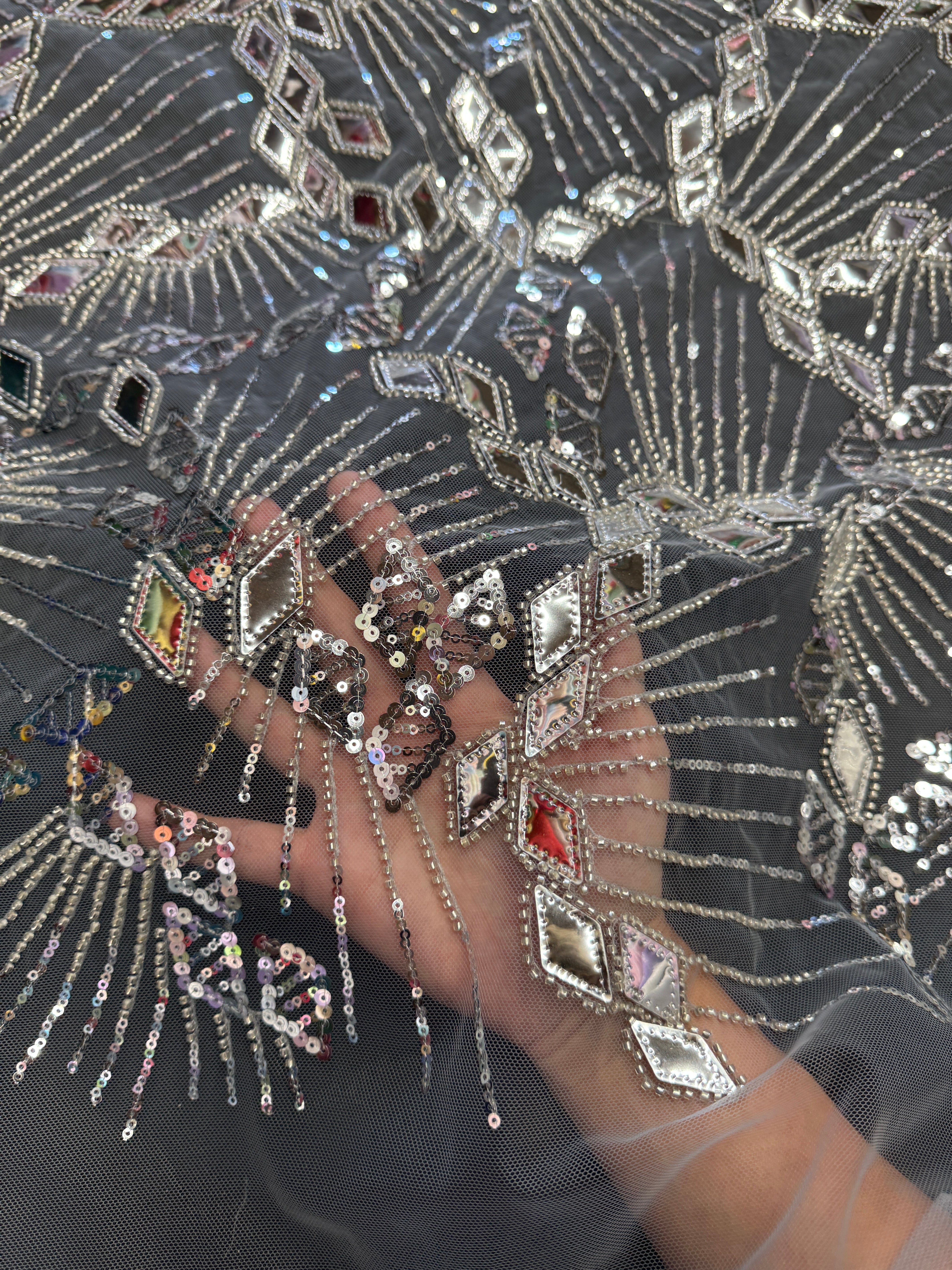 Silver Art Deco Mirror Sequin Lace, Fabric Store, Sewing Store, Cheap Fabric Store, Kiki Textiles, Textile by the Yard