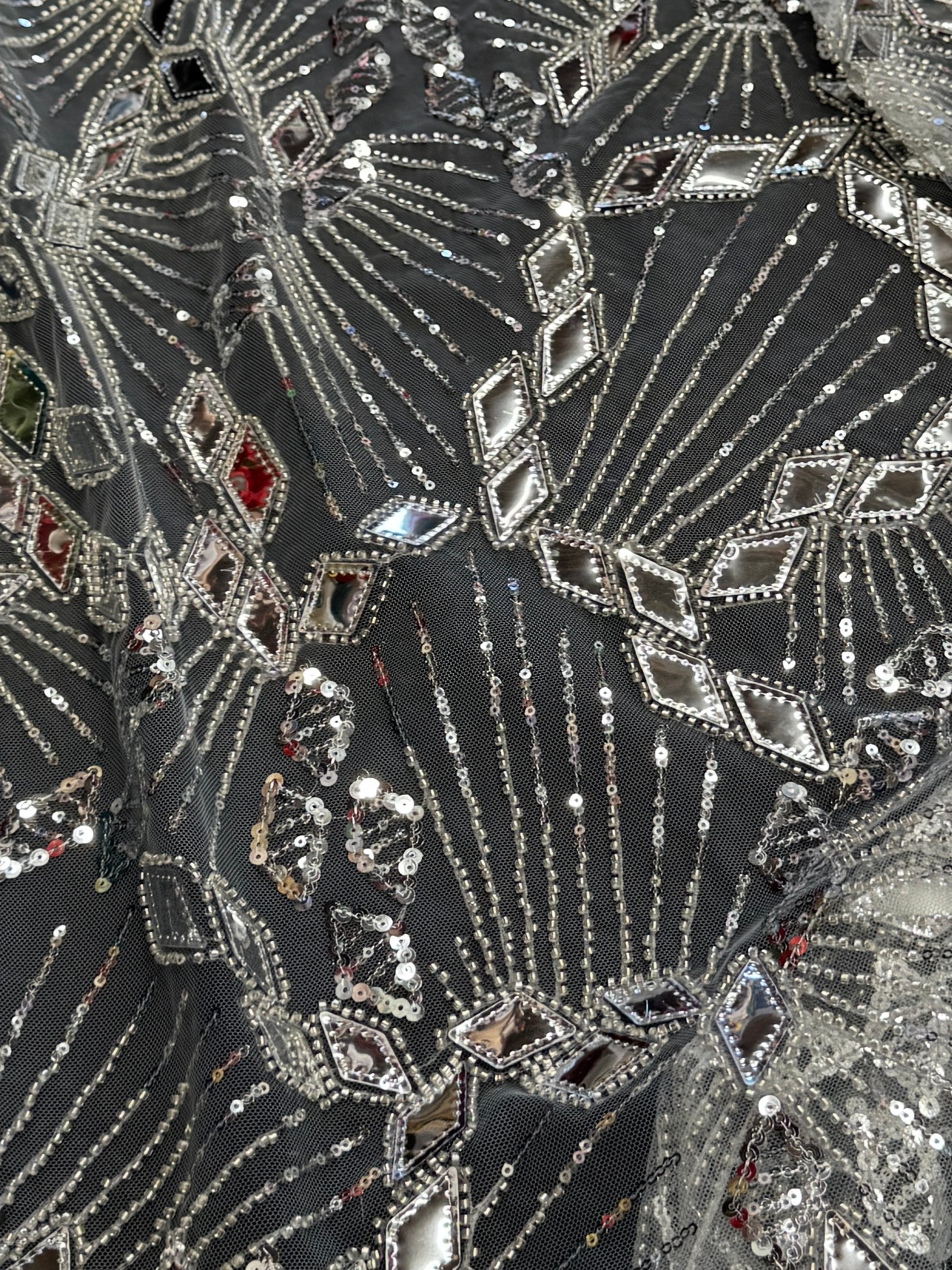 Silver Art Deco Mirror Sequin Lace, Mirror Sequin Lace, Sequin Lace Fabric, Embellished Lace Fabric, Sparkle Lace Fabric, Glitter Lace Fabric, Luxury Lace Fabric