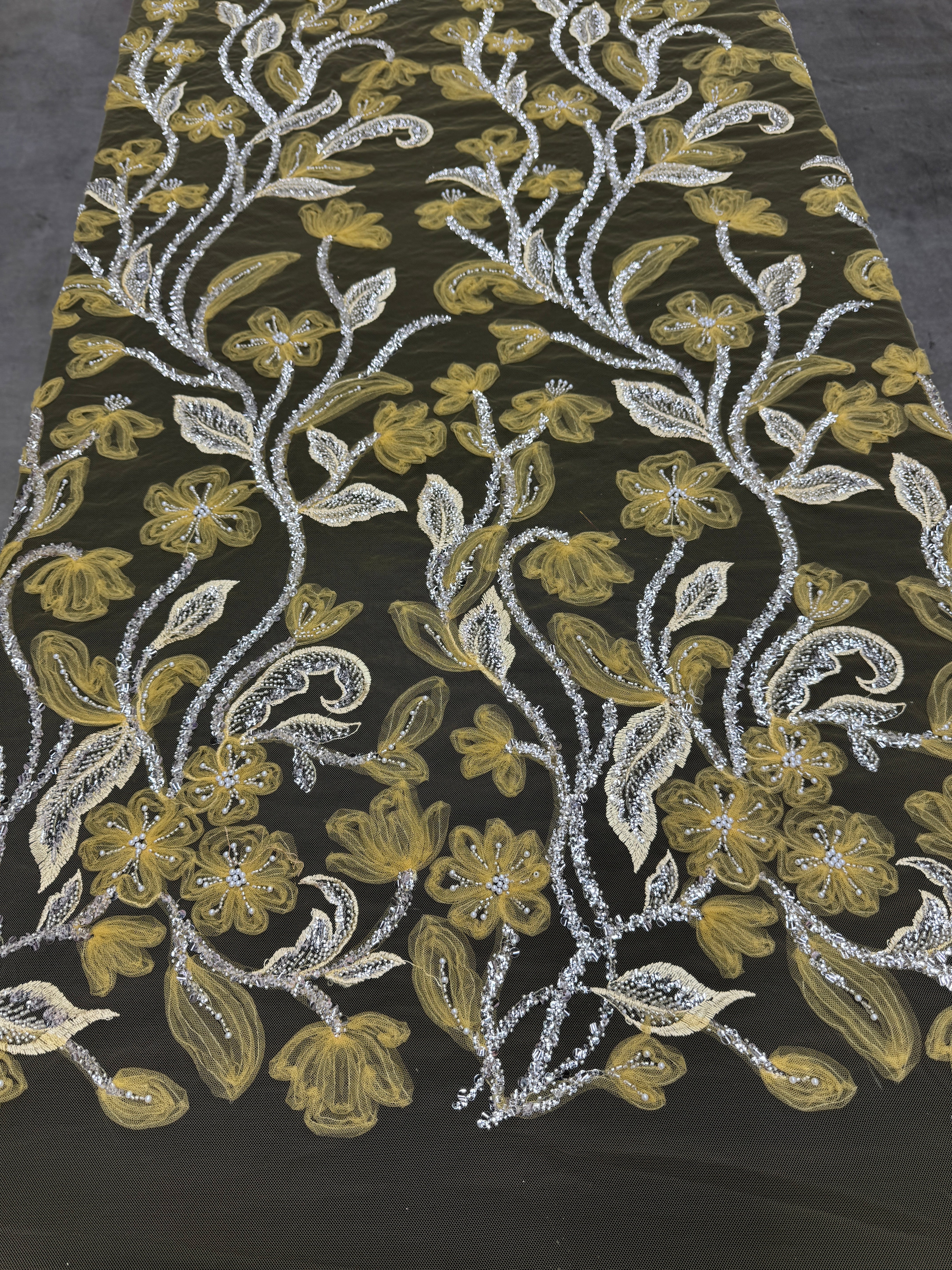 Yellow 3D Floral Tulle Beaded Lace Mesh, Beaded Lace Mesh, Floral Beaded Lace, 3D Flower Lace, Embroidered Tulle Lace, Embellished Tulle Fabric, Luxury Lace Fabric