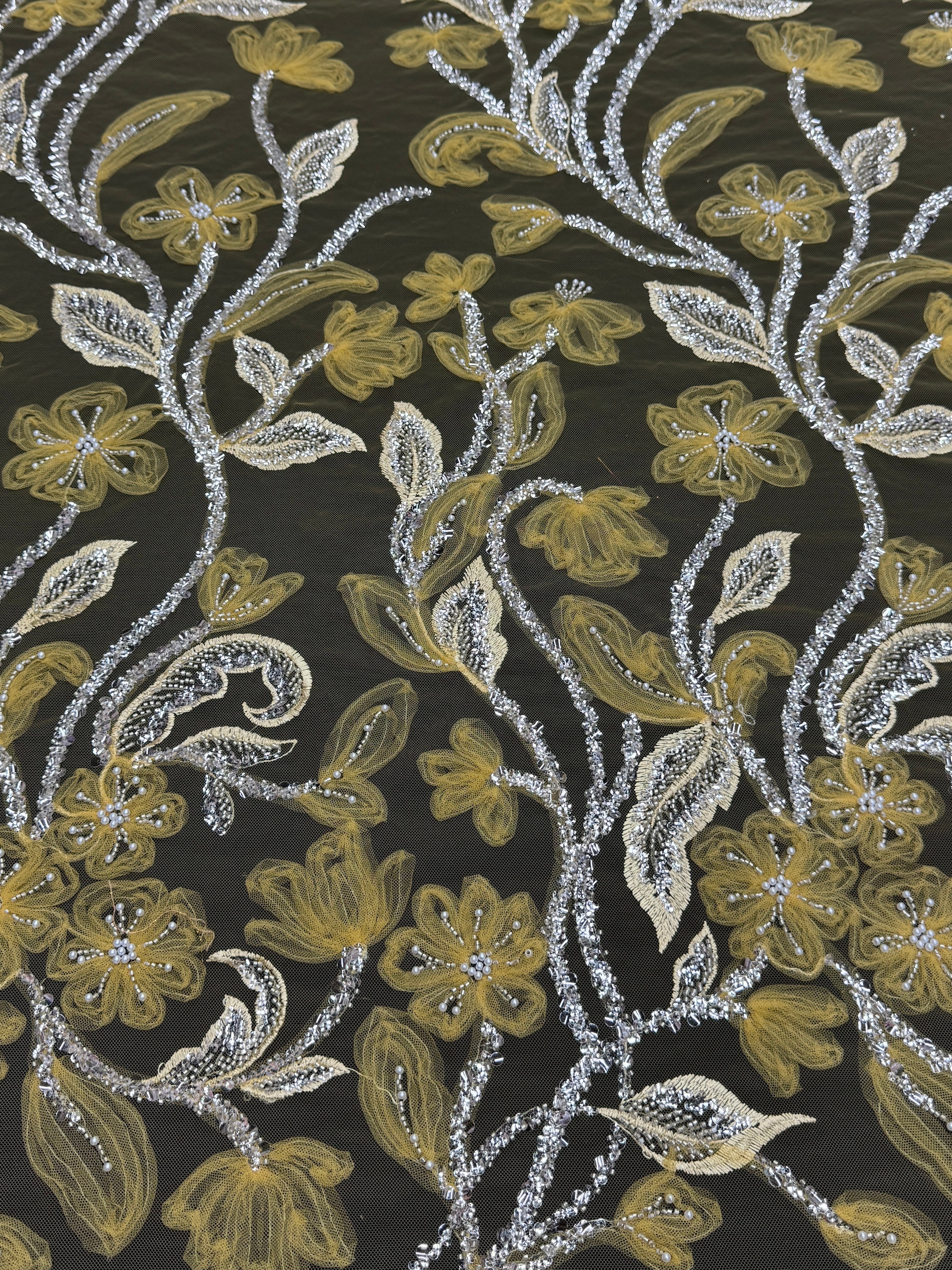 Yellow 3D Floral Tulle Beaded Lace Mesh, Fabric Store, Sewing Store, Cheap Fabric Store, Kiki Textiles, Textile by the Yard