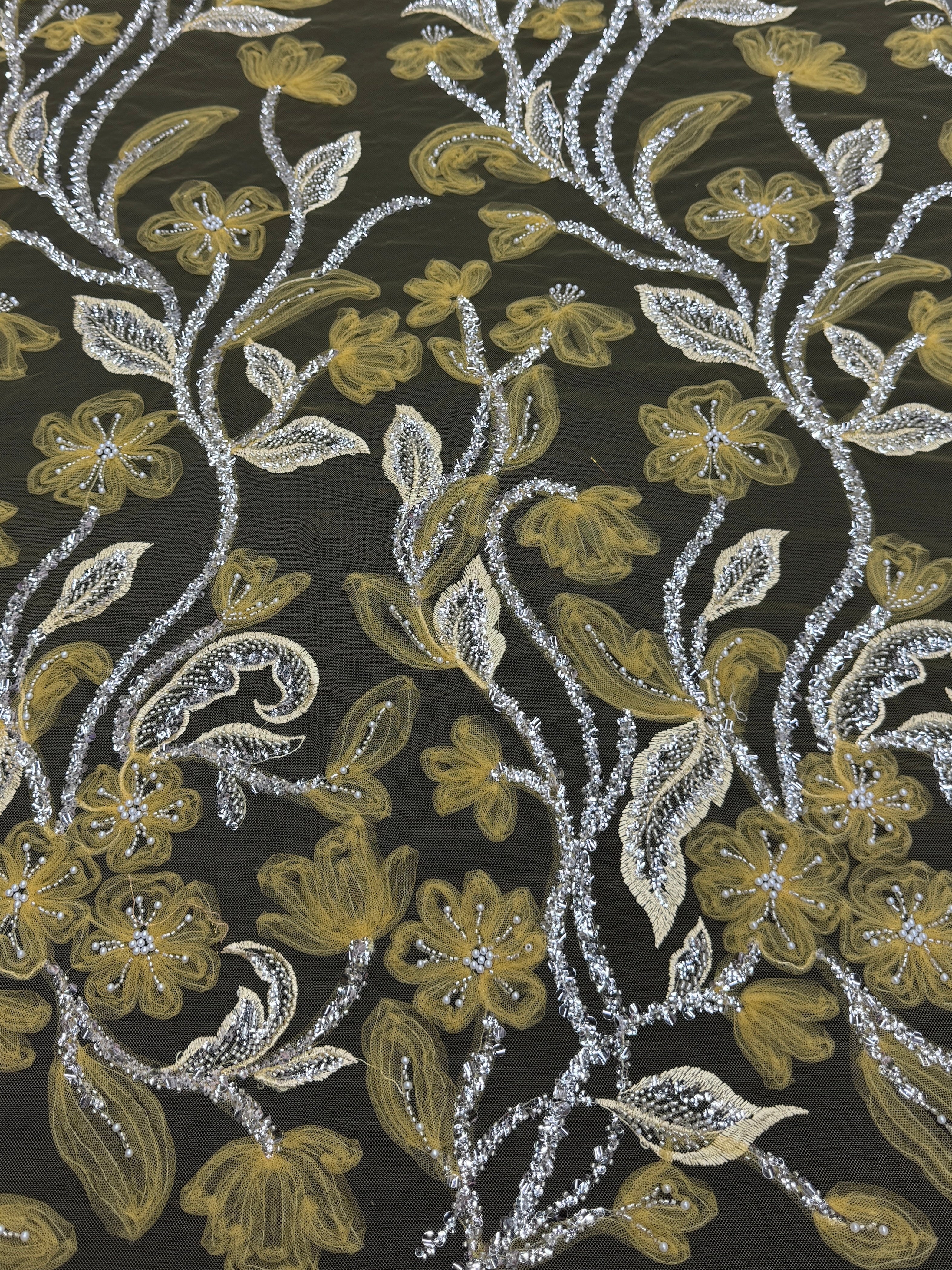 Yellow 3D Floral Tulle Beaded Lace Mesh, Beaded Lace Mesh, Floral Beaded Lace, 3D Flower Lace, Embroidered Tulle Lace, Embellished Tulle Fabric, Luxury Lace Fabric