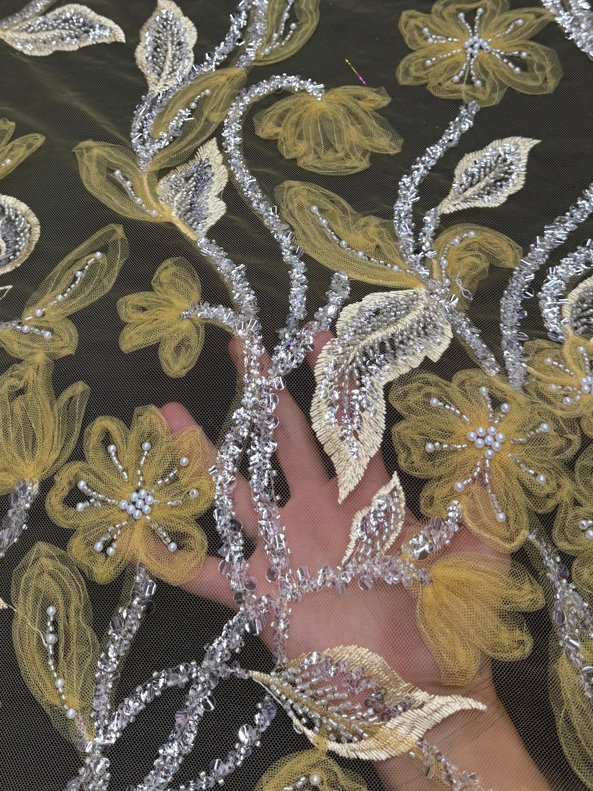 Yellow 3D Floral Tulle Beaded Lace Mesh, Fabric Store, Sewing Store, Cheap Fabric Store, Kiki Textiles, Textile by the Yard