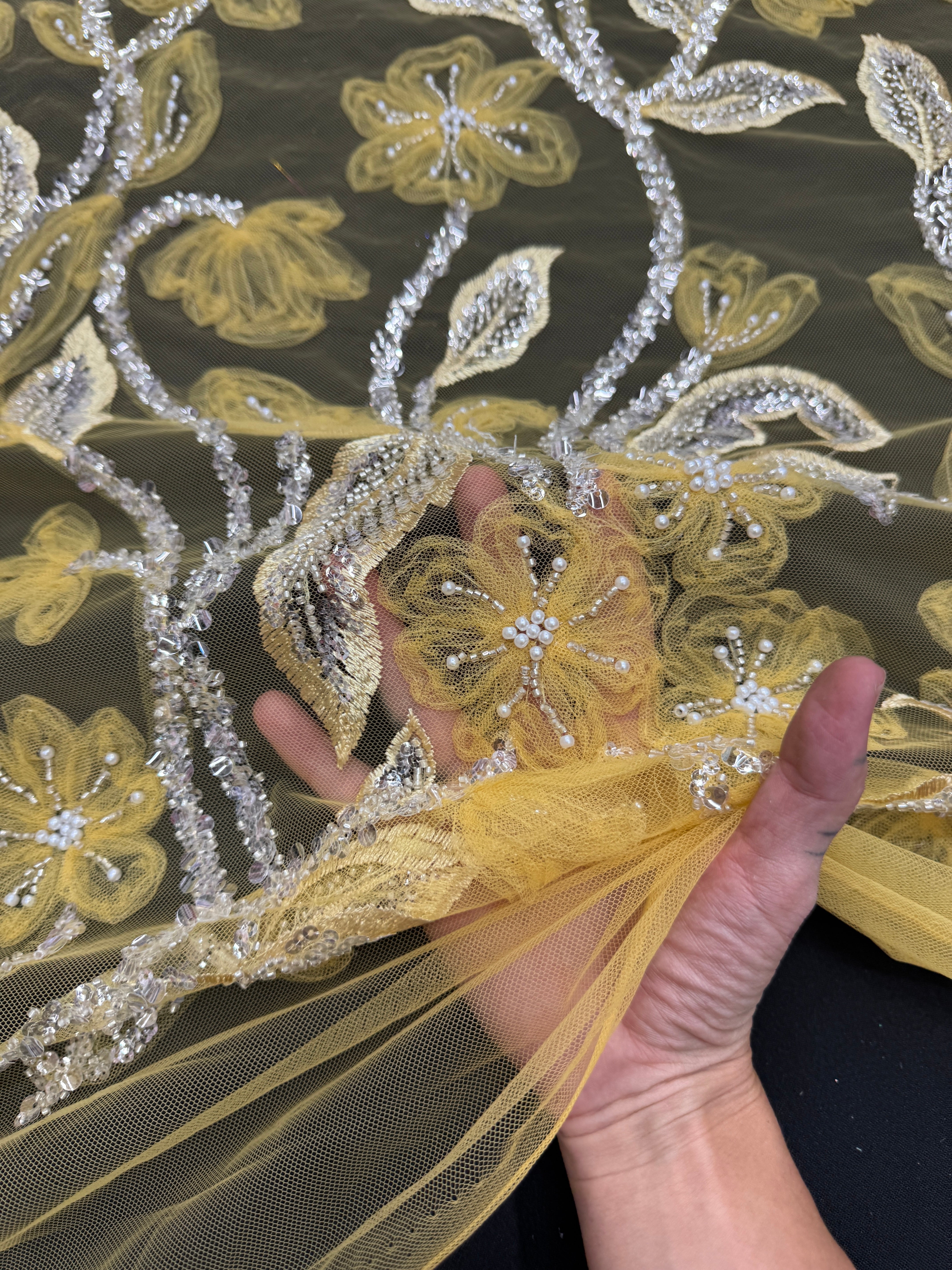 Yellow 3D Floral Tulle Beaded Lace Mesh