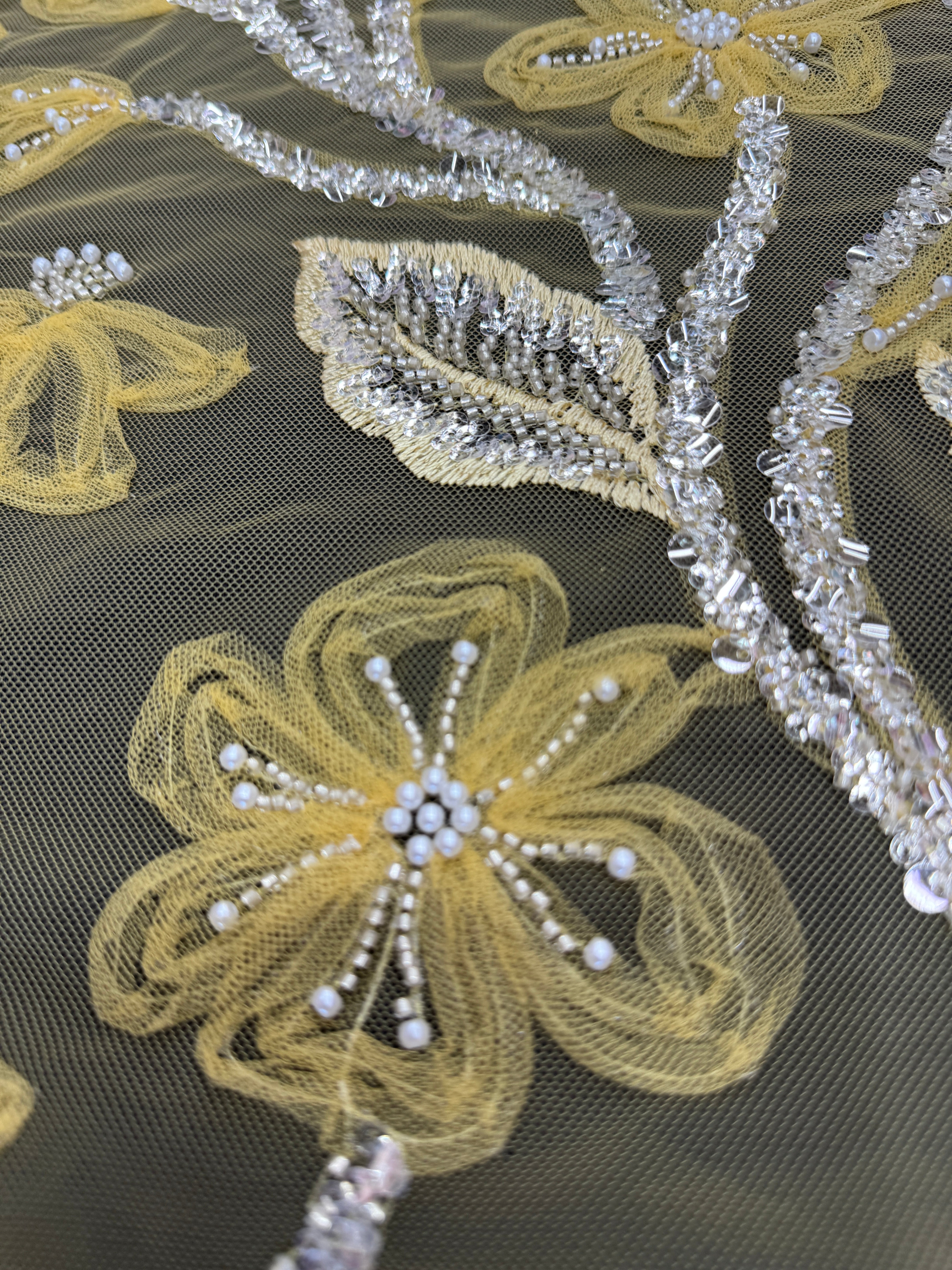 Yellow 3D Floral Tulle Beaded Lace Mesh, Beaded Lace Mesh, Floral Beaded Lace, 3D Flower Lace, Embroidered Tulle Lace, Embellished Tulle Fabric, Luxury Lace Fabric