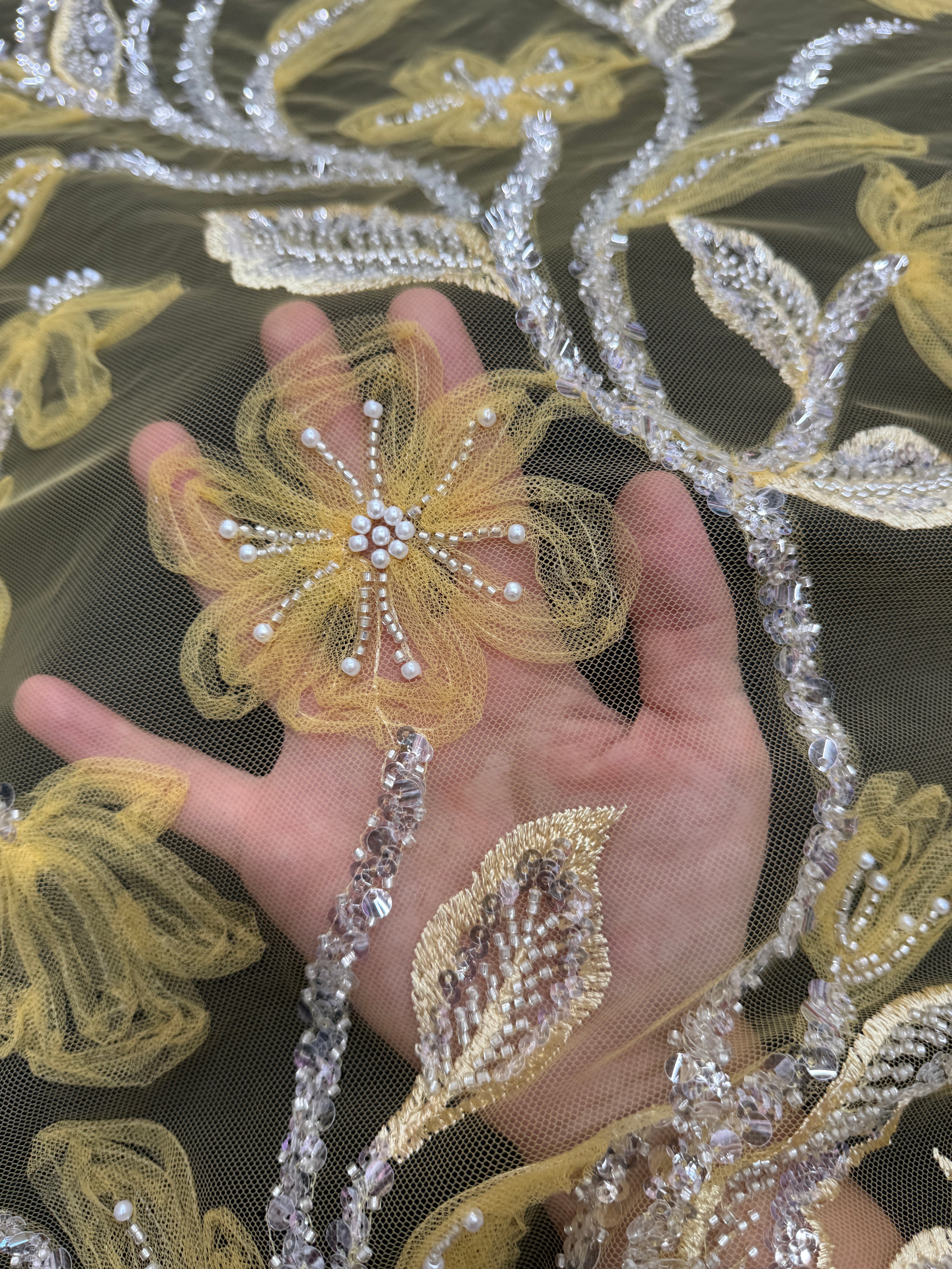 Yellow 3D Floral Tulle Beaded Lace Mesh, Fabric Store, Sewing Store, Cheap Fabric Store, Kiki Textiles, Textile by the Yard