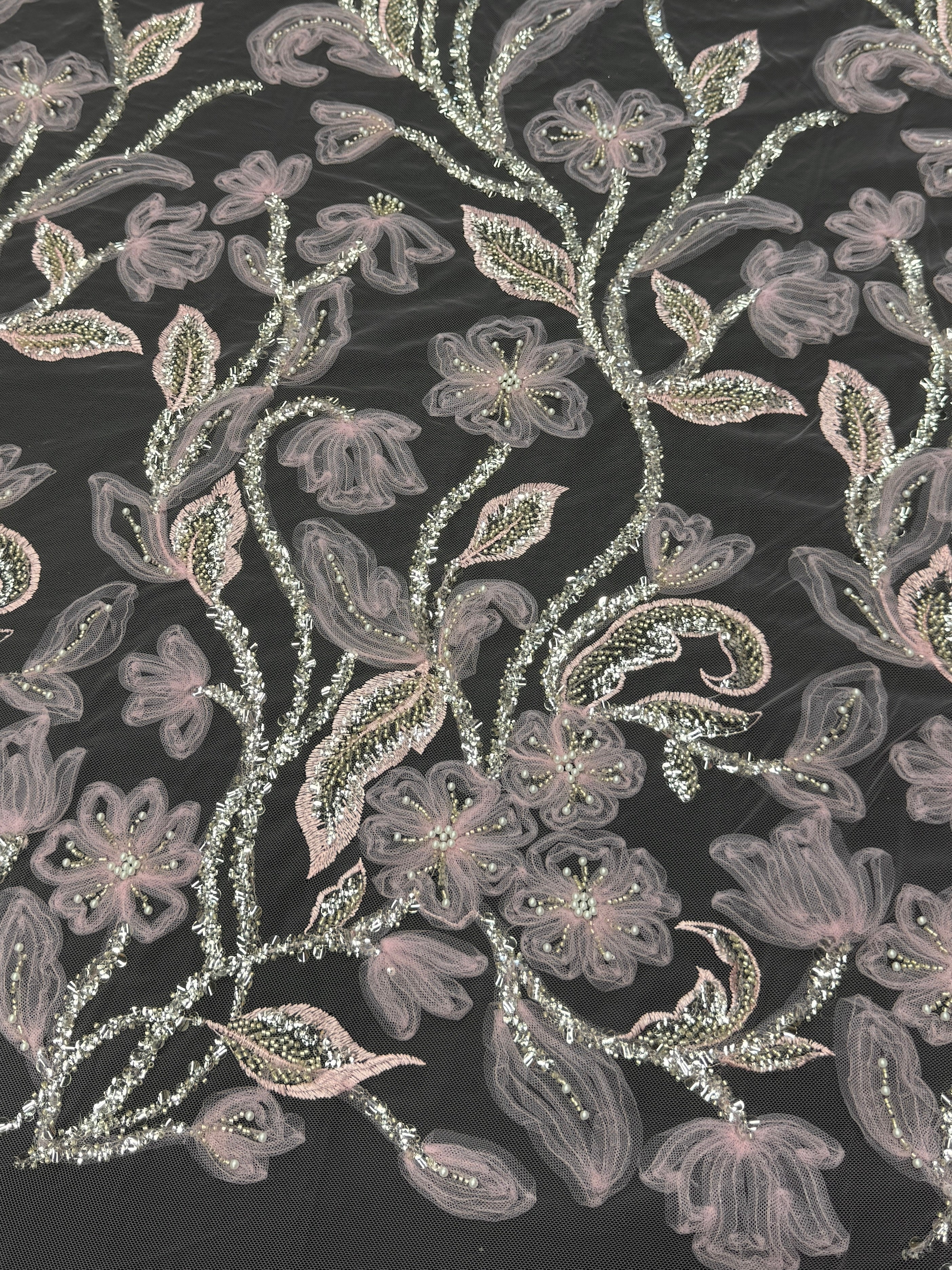 Baby Pink 3D Tulle Beaded Lace Mesh, Beaded Lace Mesh, Floral Beaded Lace, 3D Flower Lace, Embroidered Tulle Lace, Embellished Tulle Fabric, Luxury Lace Fabric