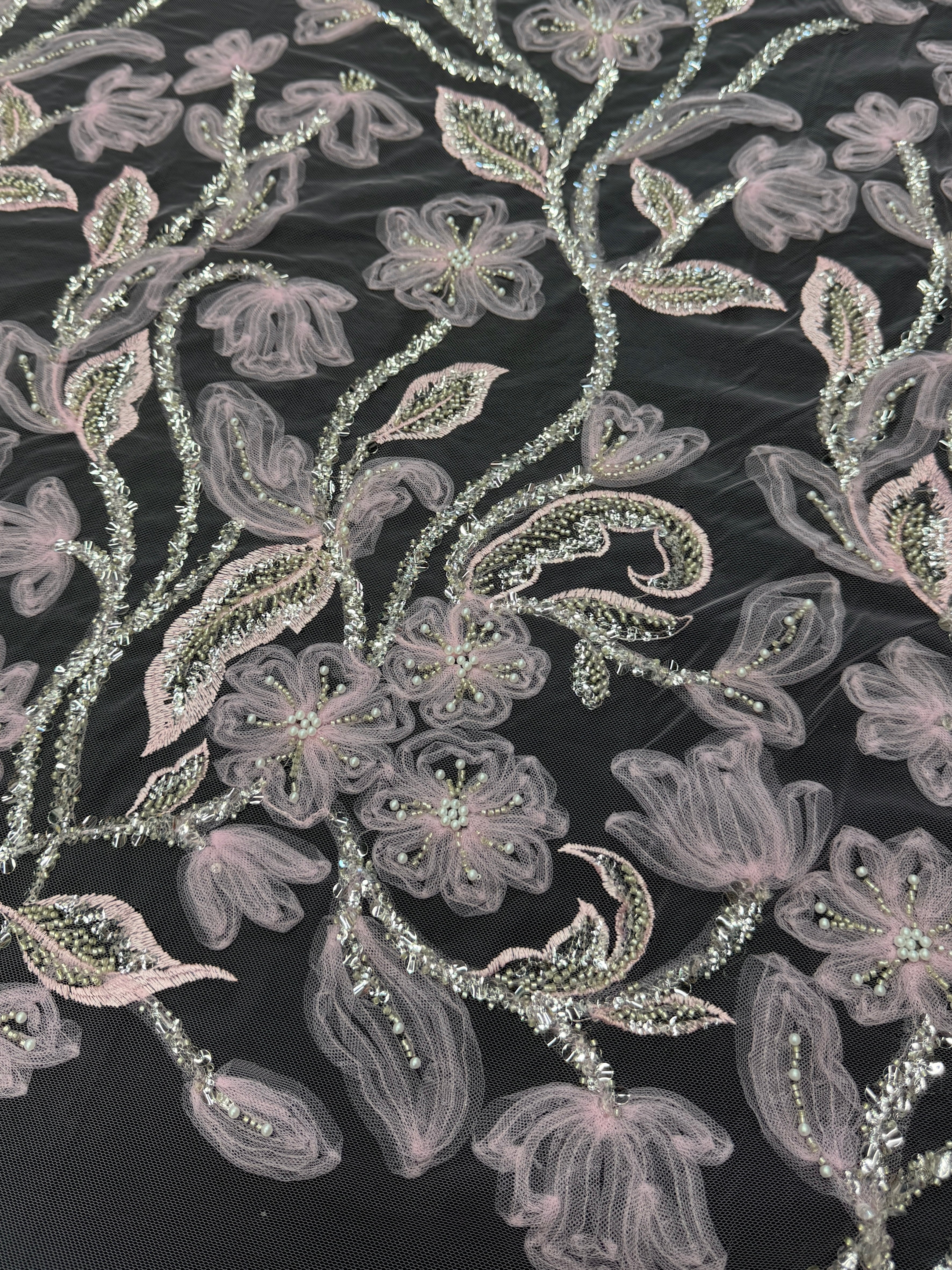 Baby Pink 3D Tulle Beaded Lace Mesh, Beaded Lace Mesh, Floral Beaded Lace, 3D Flower Lace, Embroidered Tulle Lace, Embellished Tulle Fabric, Luxury Lace Fabric