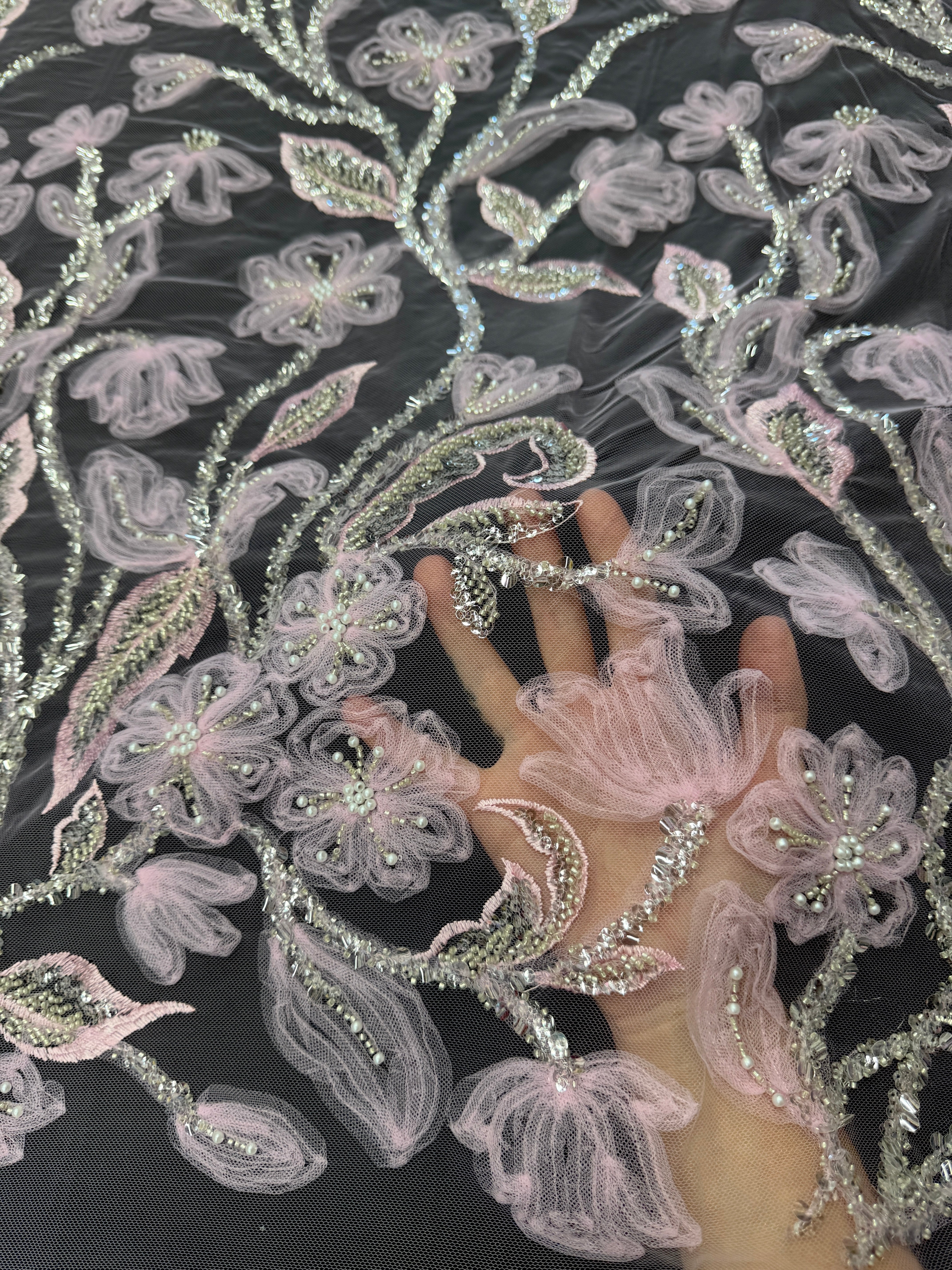 Baby Pink 3D Tulle Beaded Lace Mesh, Beaded Lace Mesh, Floral Beaded Lace, 3D Flower Lace, Embroidered Tulle Lace, Embellished Tulle Fabric, Luxury Lace Fabric