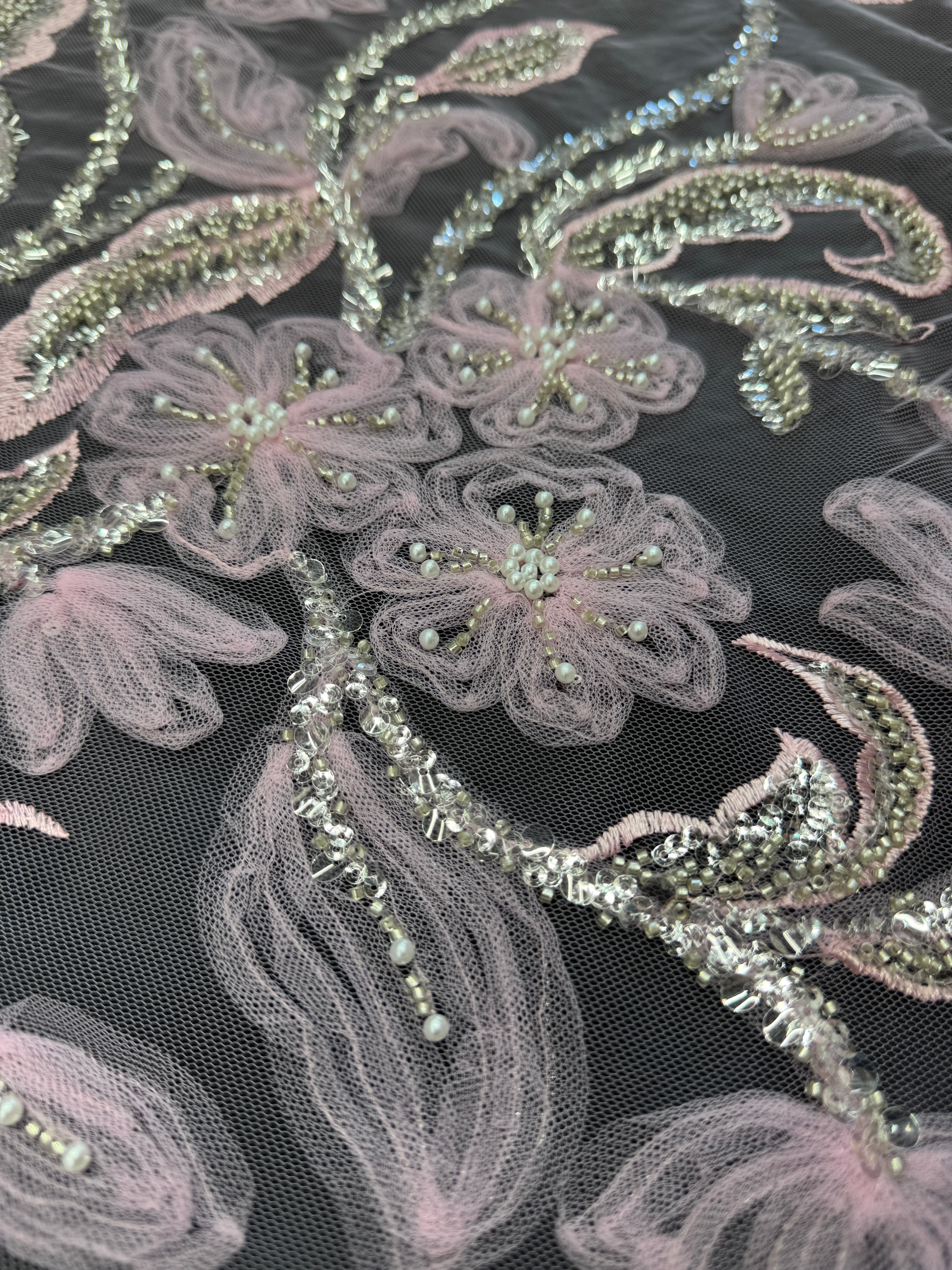 Baby Pink 3D Tulle Beaded Lace Mesh, Beaded Lace Mesh, Floral Beaded Lace, 3D Flower Lace, Embroidered Tulle Lace, Embellished Tulle Fabric, Luxury Lace Fabric