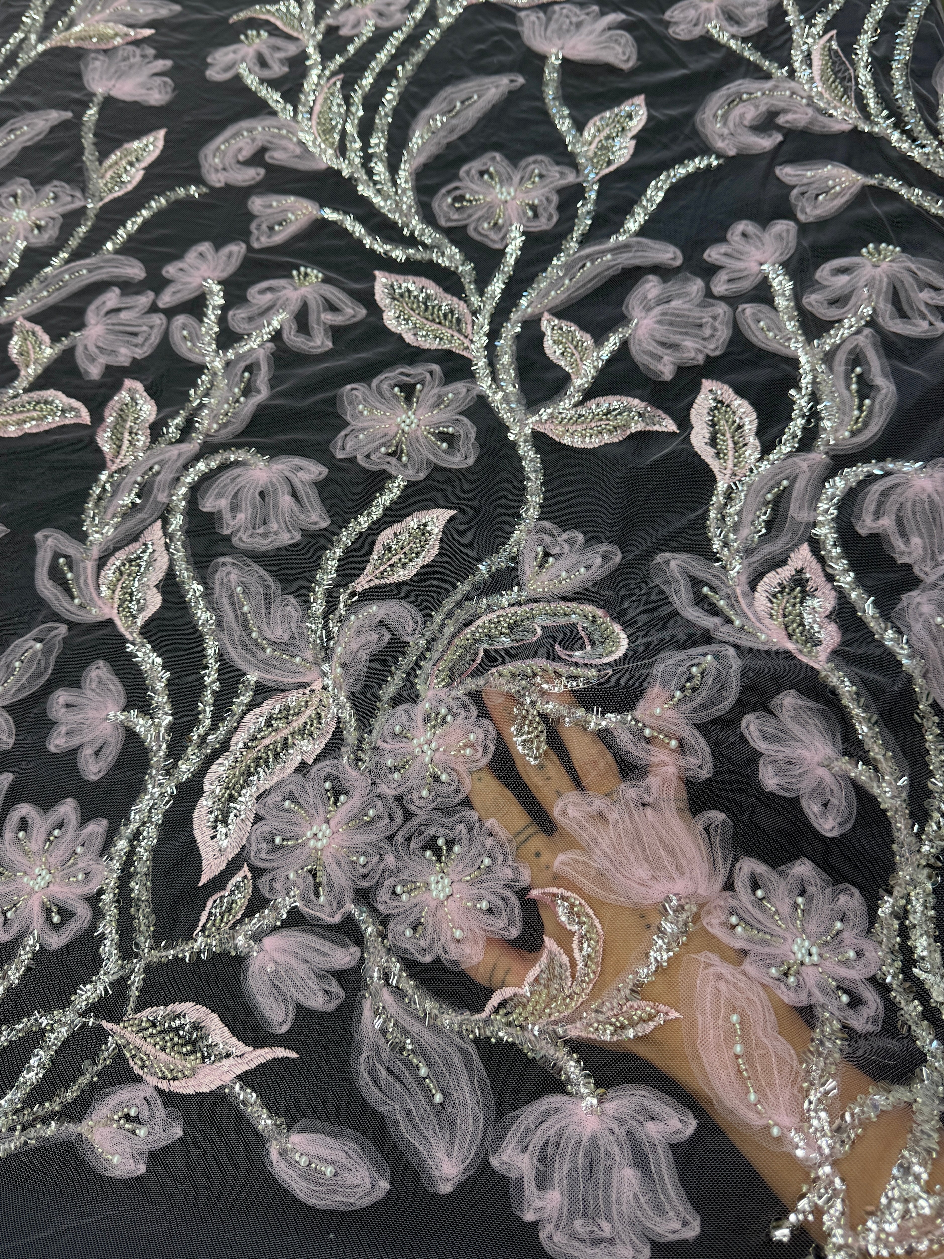 Baby Pink 3D Tulle Beaded Lace Mesh, Fabric Store, Sewing Store, Cheap Fabric Store, Kiki Textiles, Textile by the Yard