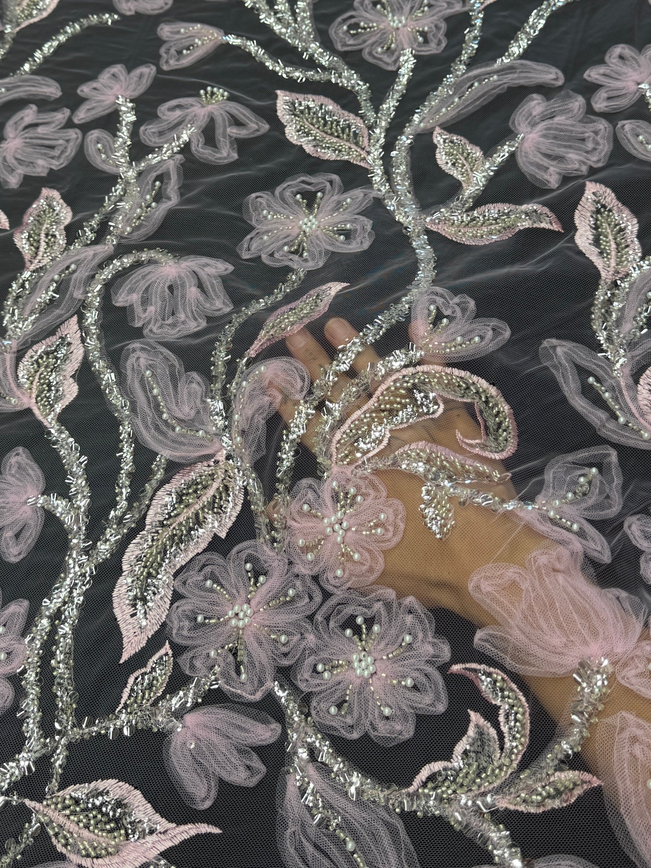 Baby Pink 3D Tulle Beaded Lace Mesh, Fabric Store, Sewing Store, Cheap Fabric Store, Kiki Textiles, Textile by the Yard