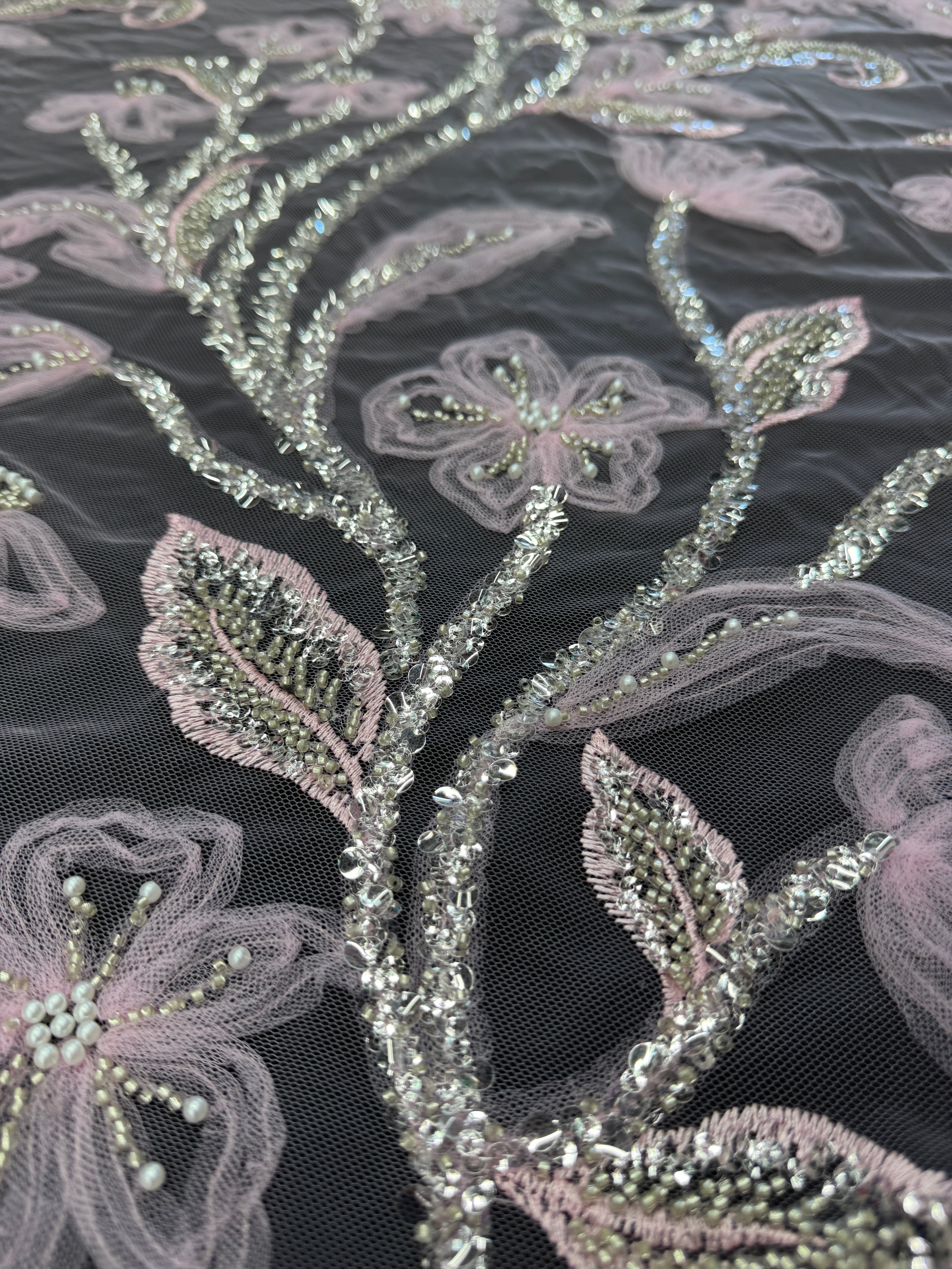 Baby Pink 3D Tulle Beaded Lace Mesh, Beaded Lace Mesh, Floral Beaded Lace, 3D Flower Lace, Embroidered Tulle Lace, Embellished Tulle Fabric, Luxury Lace Fabric