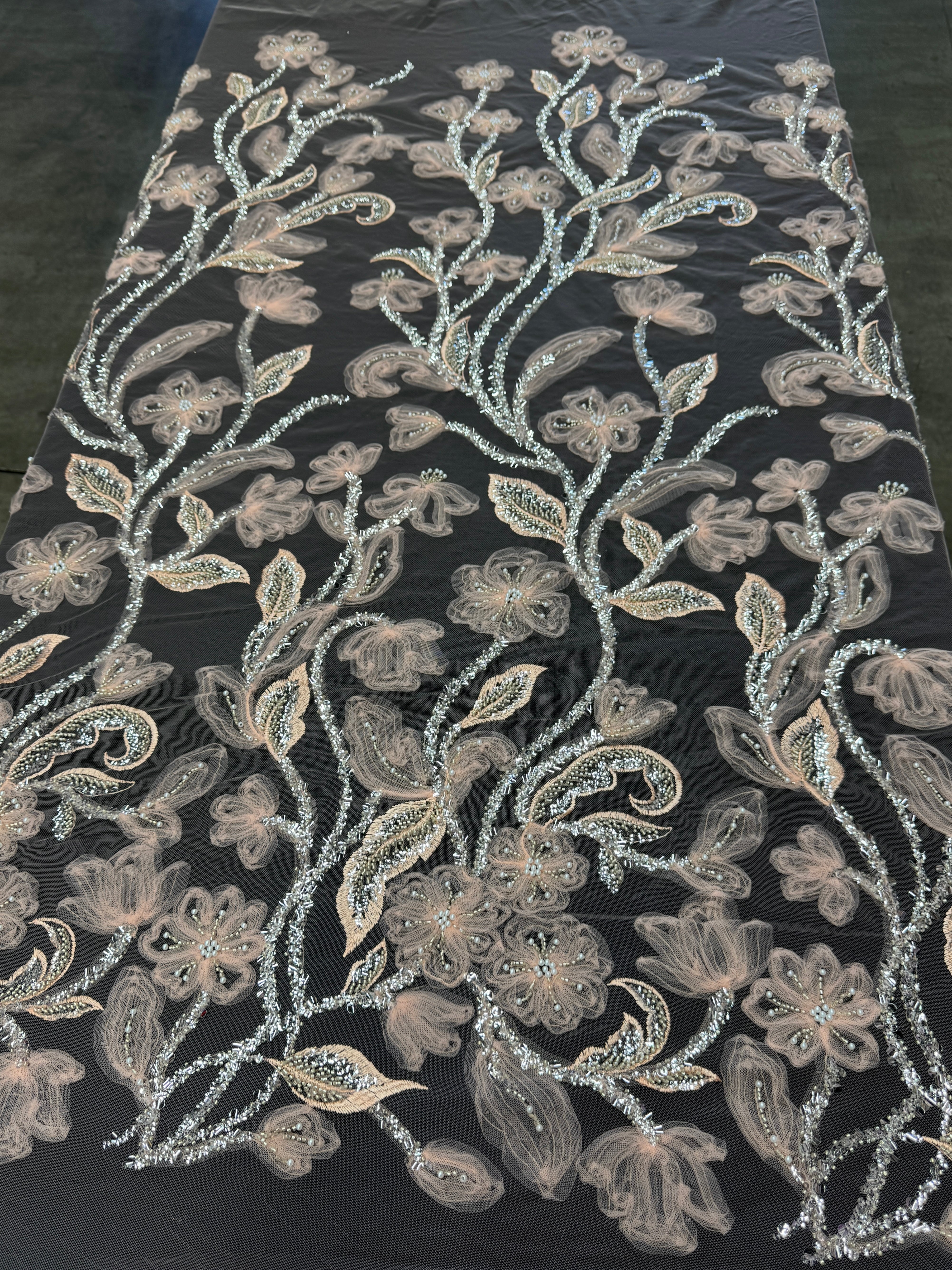 Peach 3D Floral Tulle Beaded Lace Mesh, Beaded Lace Mesh, Floral Beaded Lace, 3D Flower Lace, Embroidered Tulle Lace, Embellished Tulle Fabric, Luxury Lace Fabric