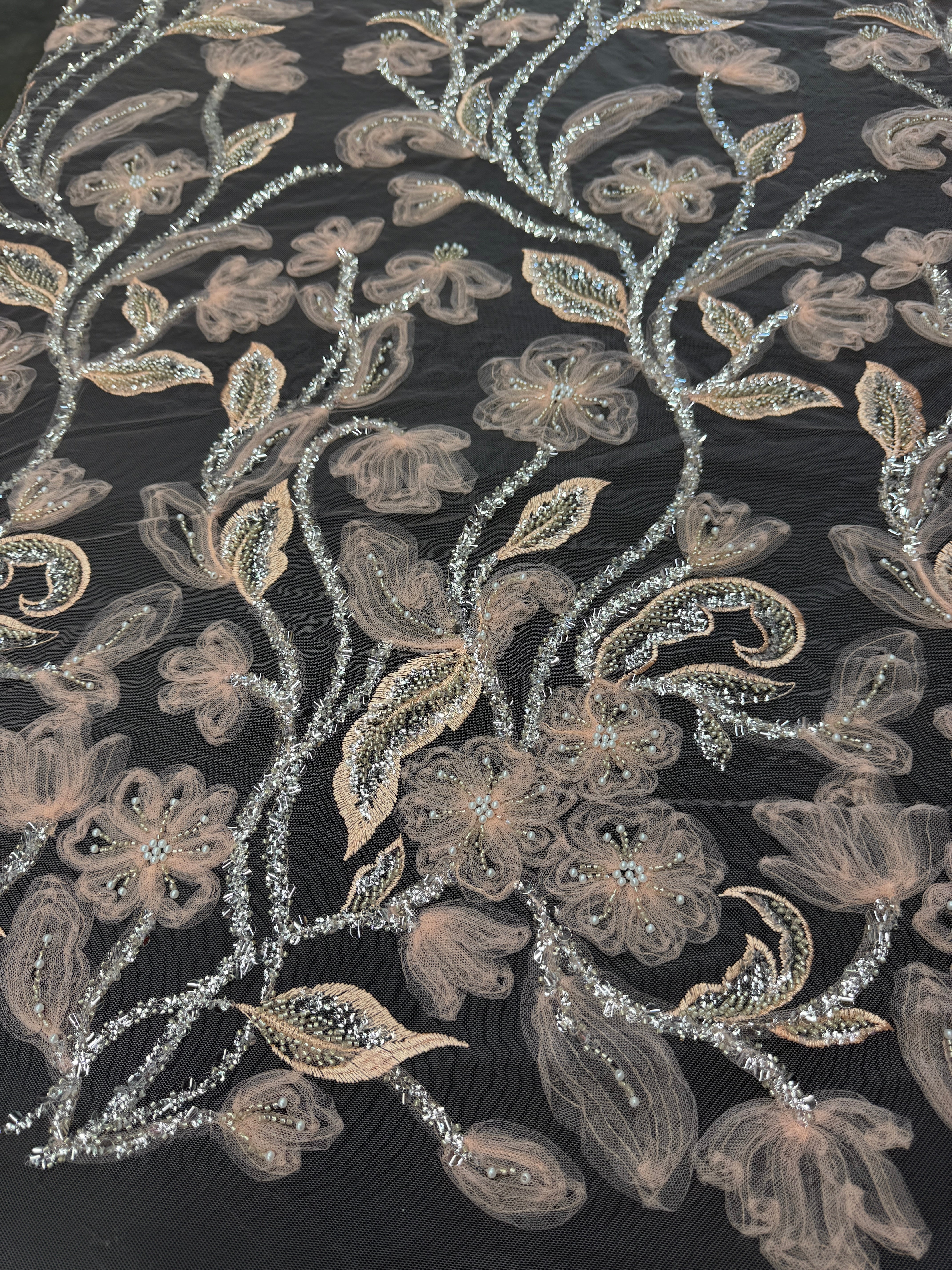 Peach 3D Floral Tulle Beaded Lace Mesh, Fabric Store, Sewing Store, Cheap Fabric Store, Kiki Textiles, Textile by the Yard