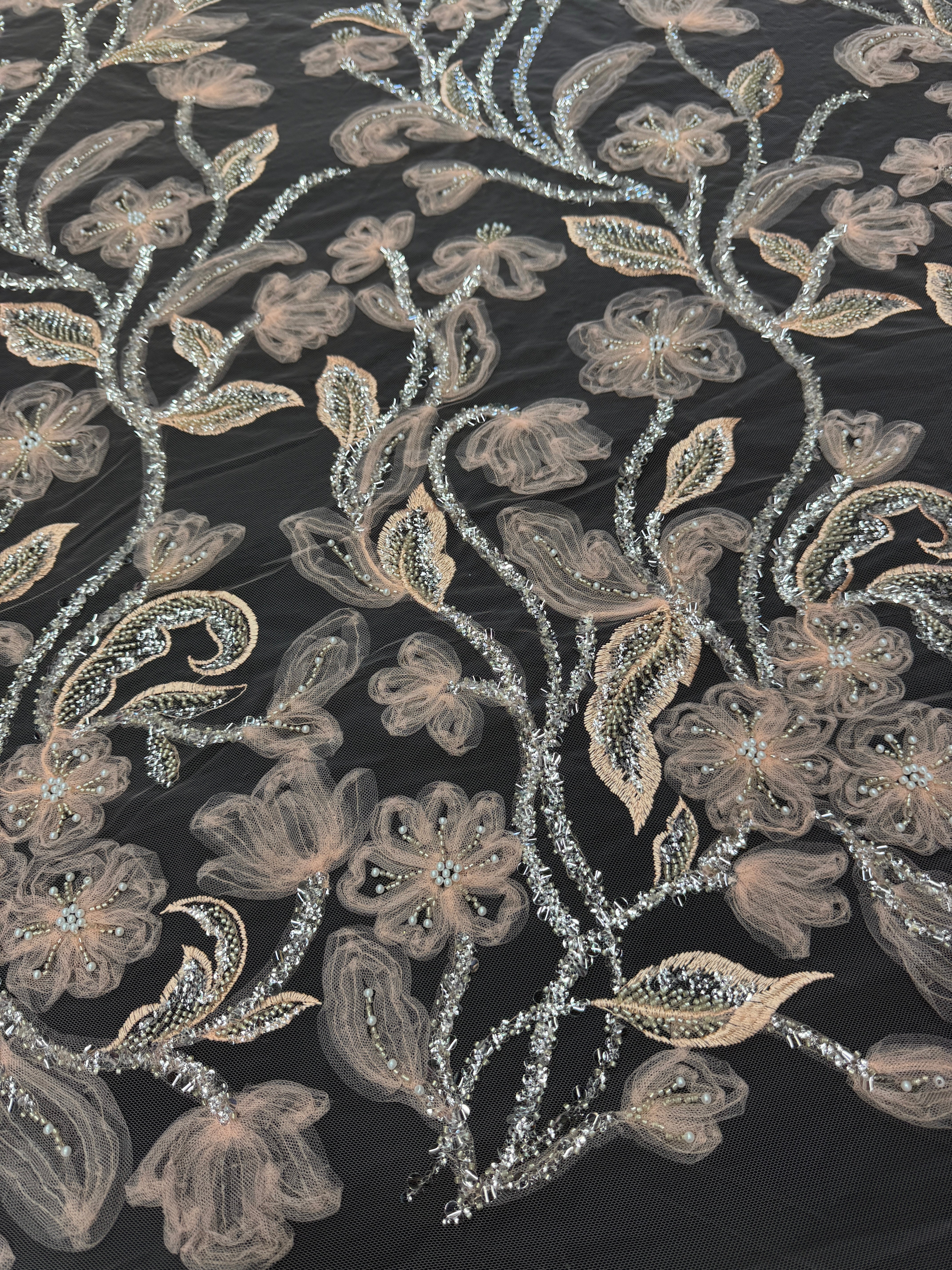 Peach 3D Floral Tulle Beaded Lace Mesh, Beaded Lace Mesh, Floral Beaded Lace, 3D Flower Lace, Embroidered Tulle Lace, Embellished Tulle Fabric, Luxury Lace Fabric