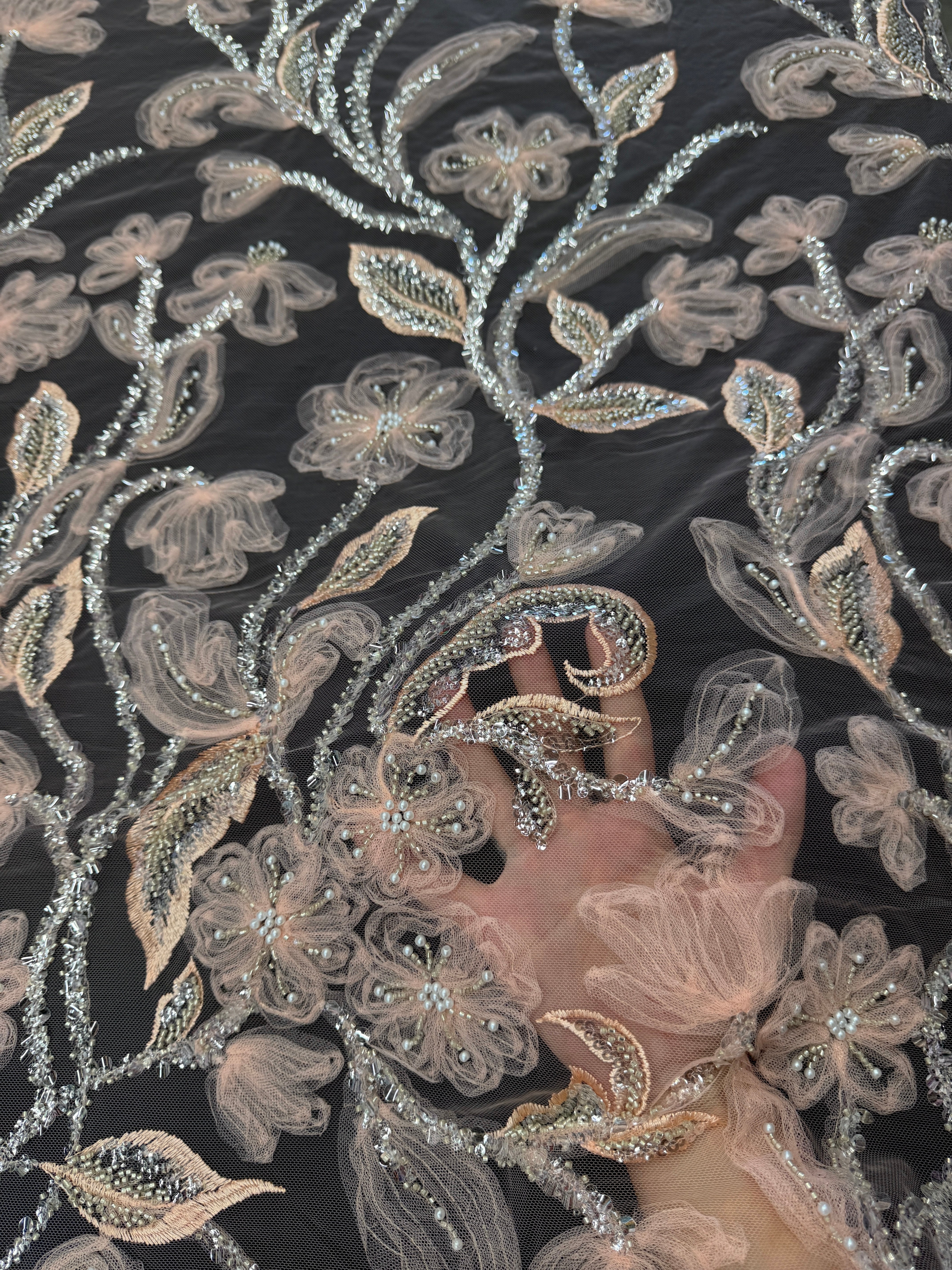 Peach 3D Floral Tulle Beaded Lace Mesh, Fabric Store, Sewing Store, Cheap Fabric Store, Kiki Textiles, Textile by the Yard